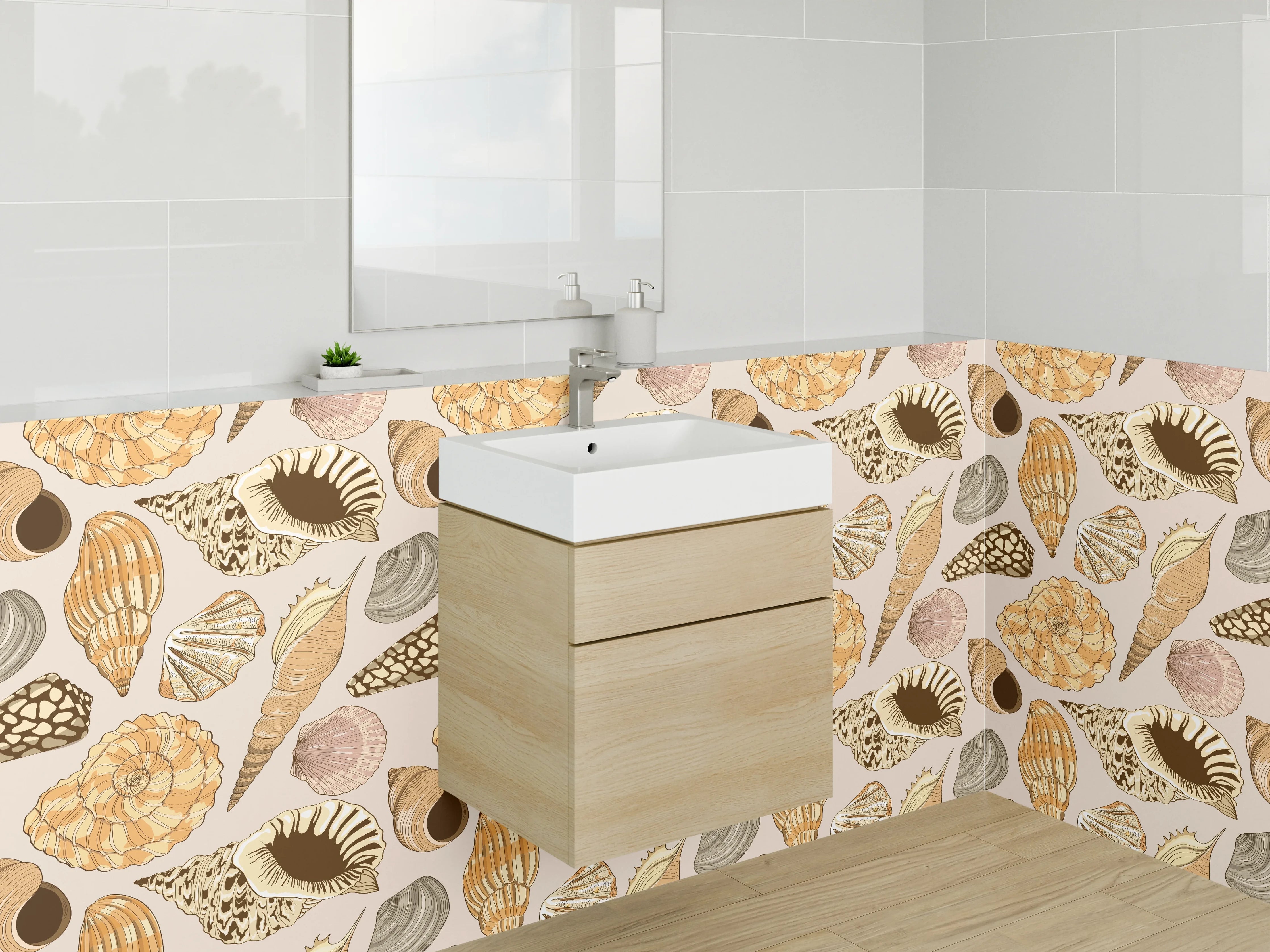 Waschbecken-Rückwand - Muscheln Vintage Muster Beige Braun