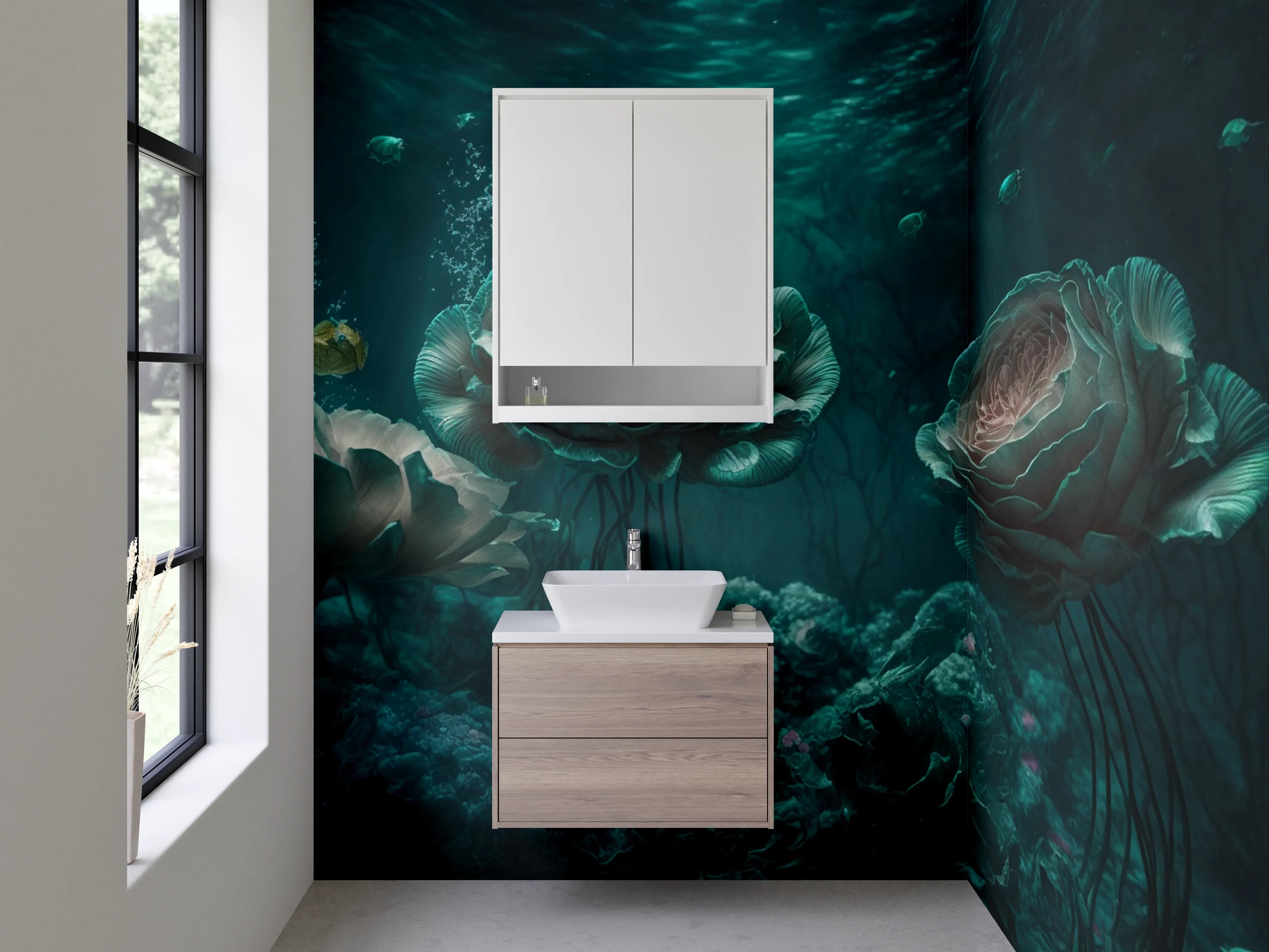 Waschbecken-Rückwand - Mystische Unterwasser-Blumen Meer Oase