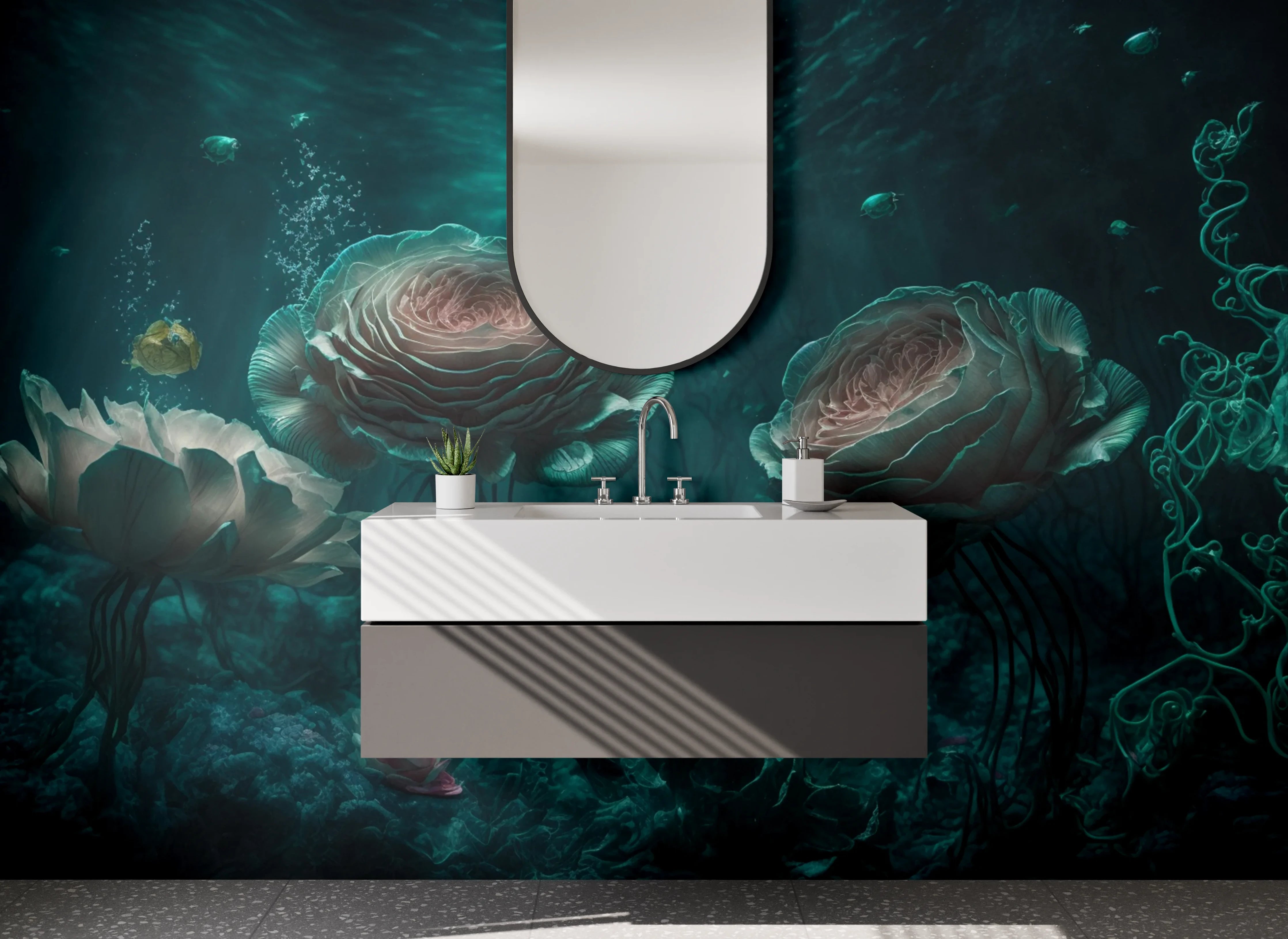 Waschbecken-Rückwand - Mystische Unterwasser-Blumen Meer Oase