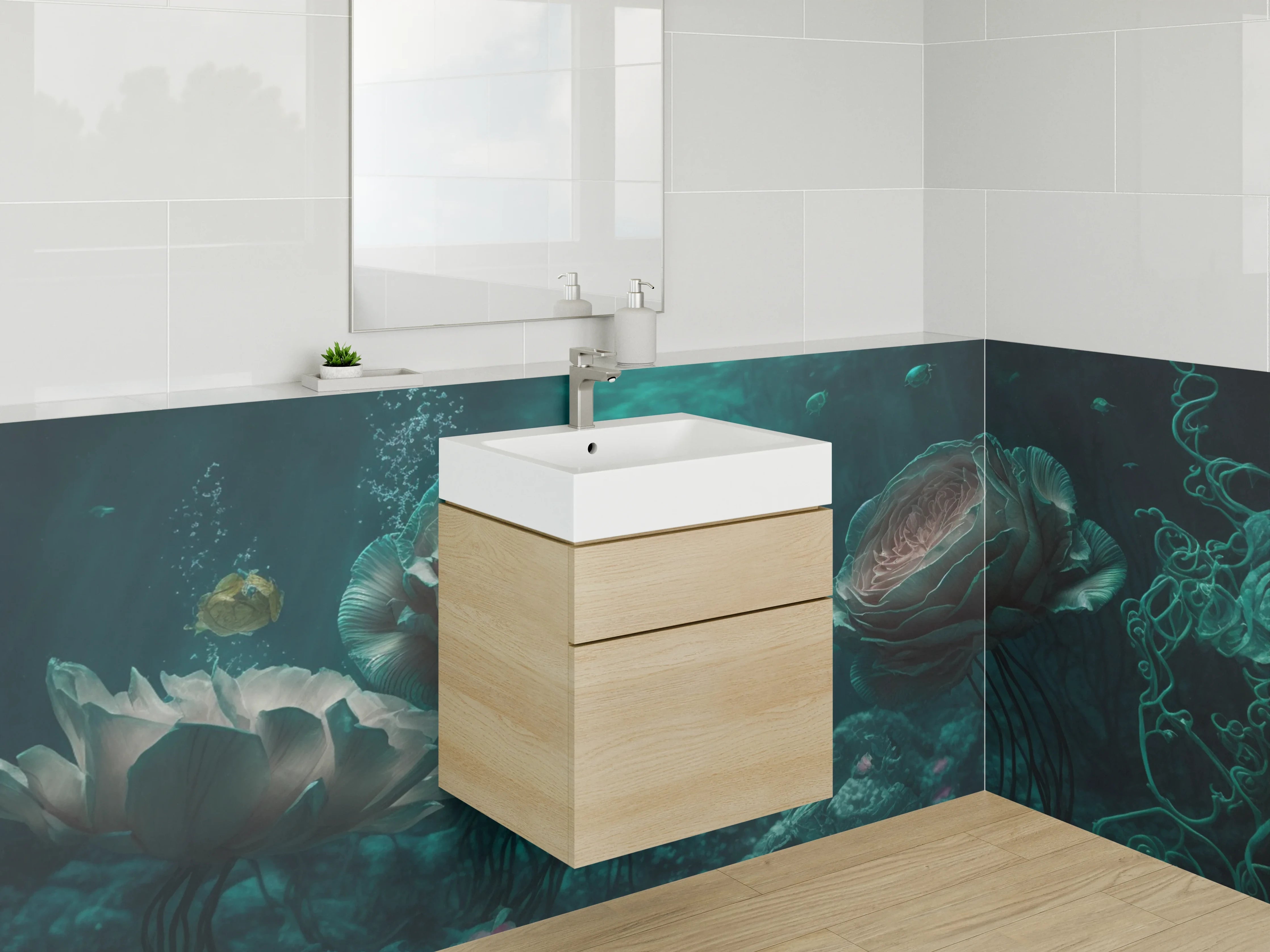 Waschbecken-Rückwand - Mystische Unterwasser-Blumen Meer Oase