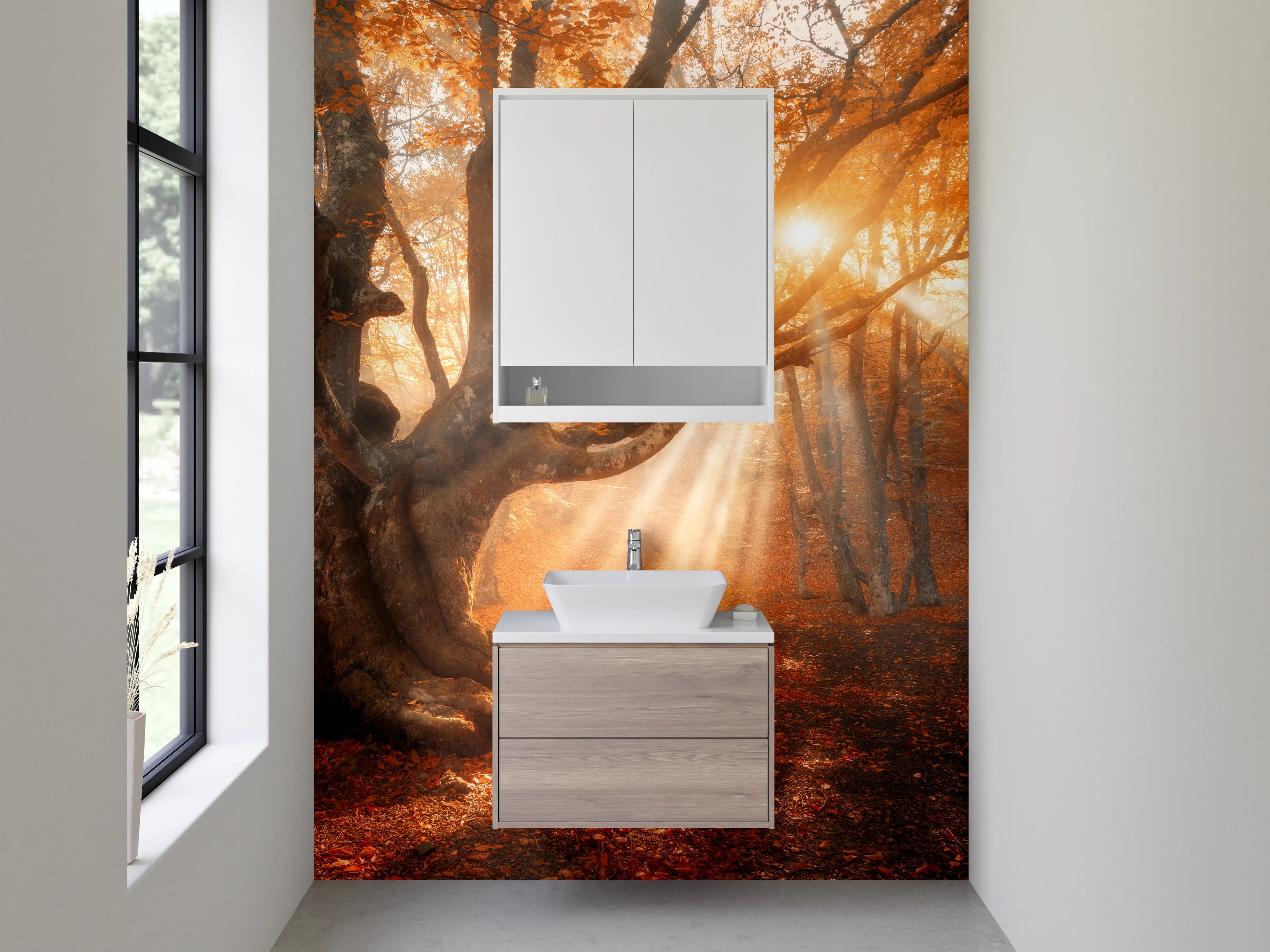 Waschbecken-Rückwand - Mystischer Herbstwald – Sonnenstrahlen