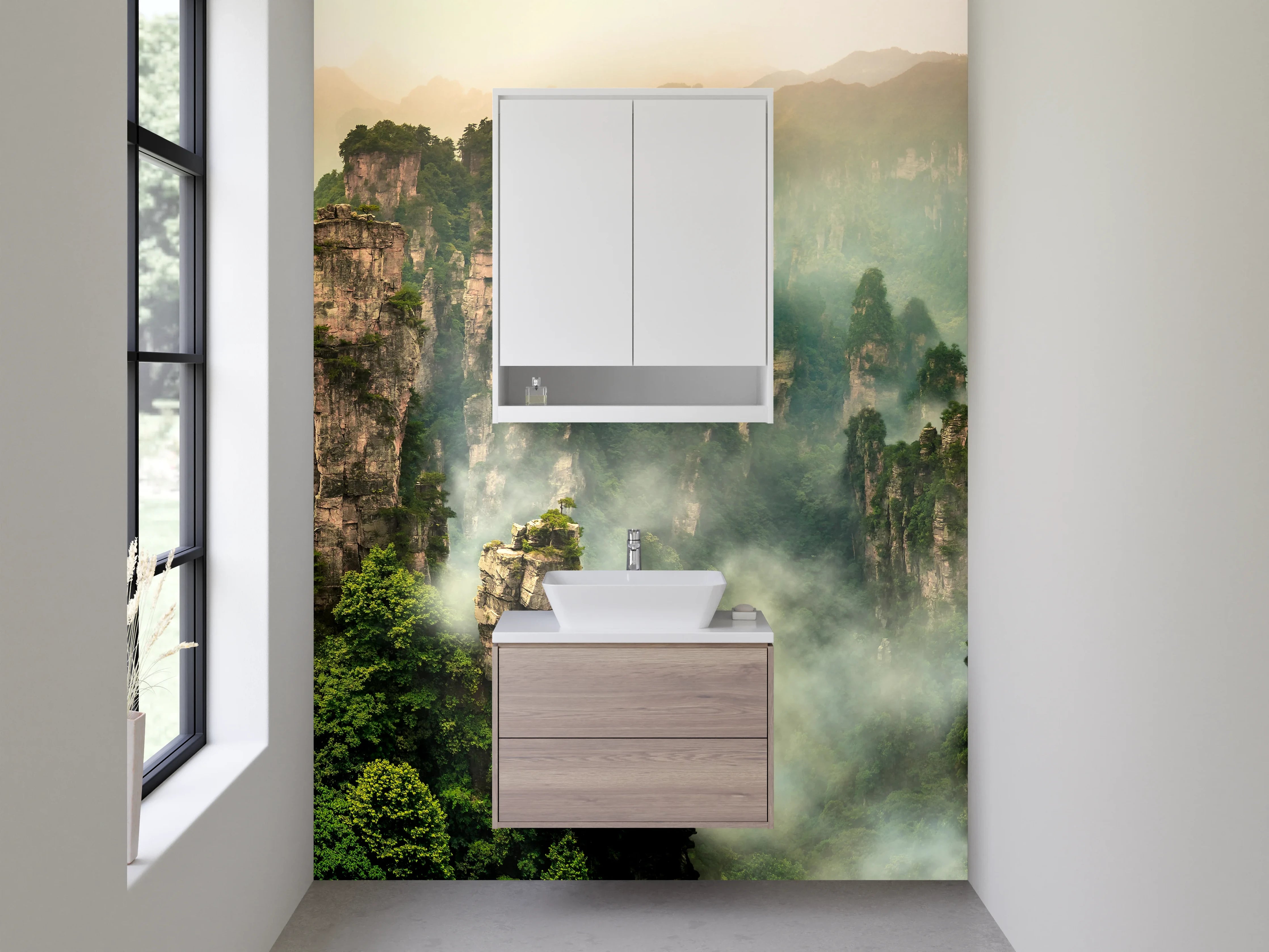 Waschbecken-Rückwand - Mystischer Nebel über den Zhangjiajie Felsen