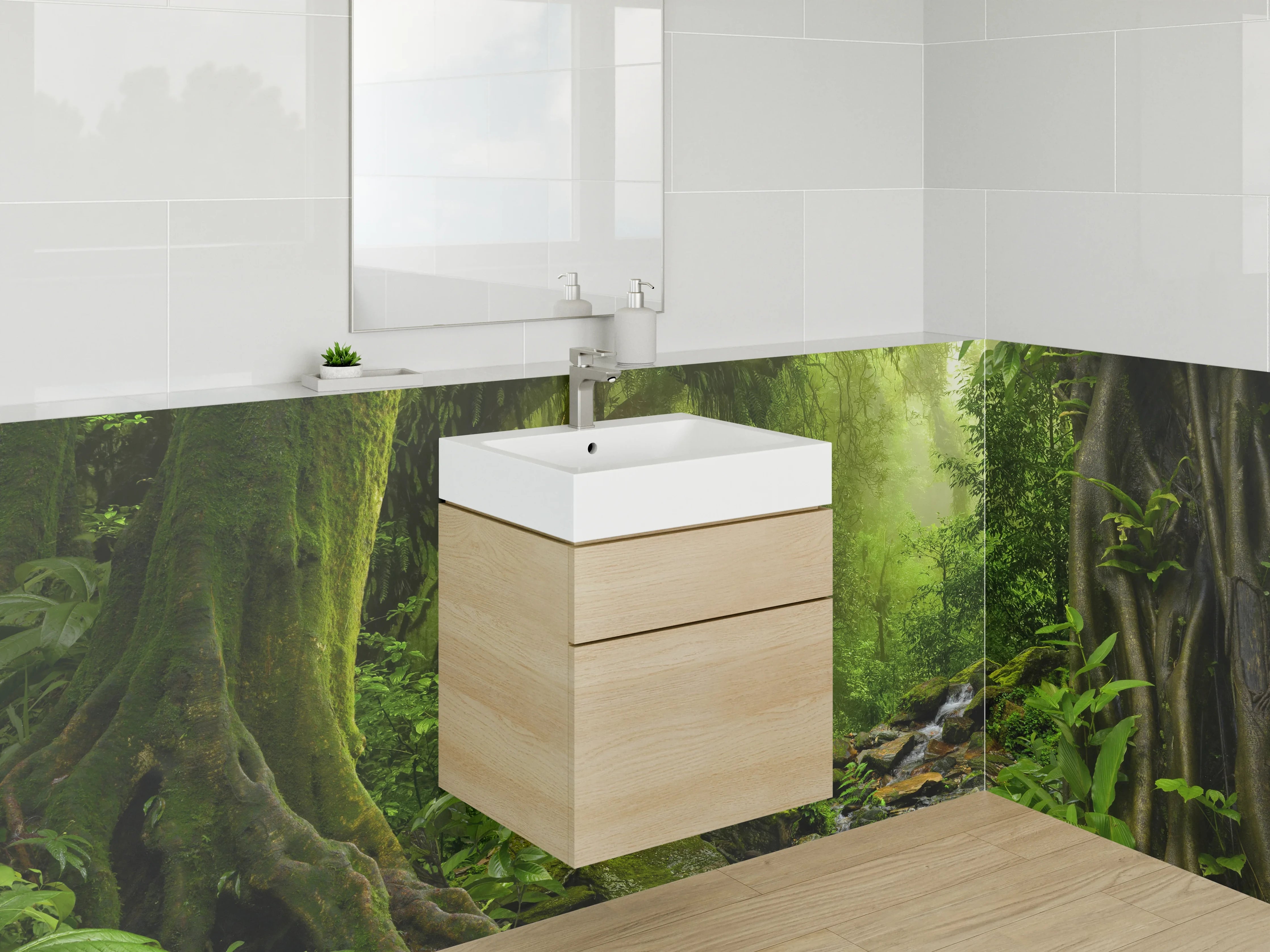 Waschbecken-Rückwand - Mystischer Regenwald mit Bachlauf