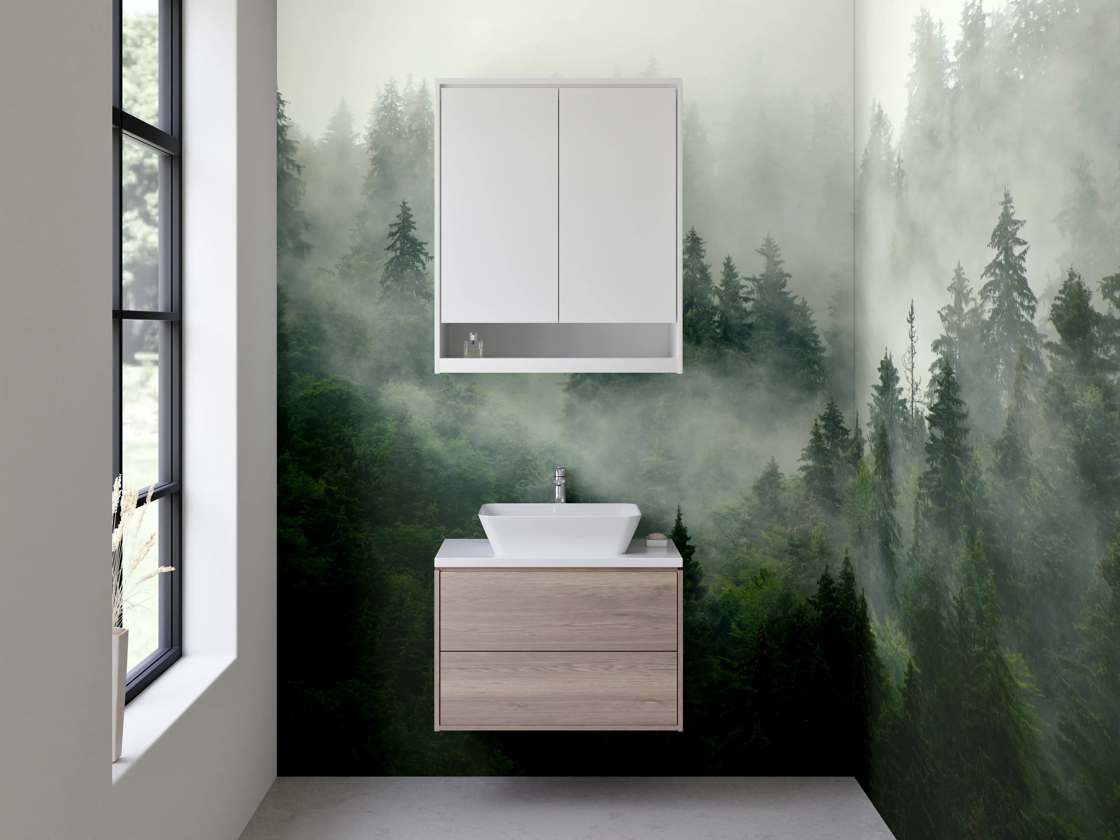 Waschbecken-Rückwand - Mystischer Wald im Nebel – Naturidylle