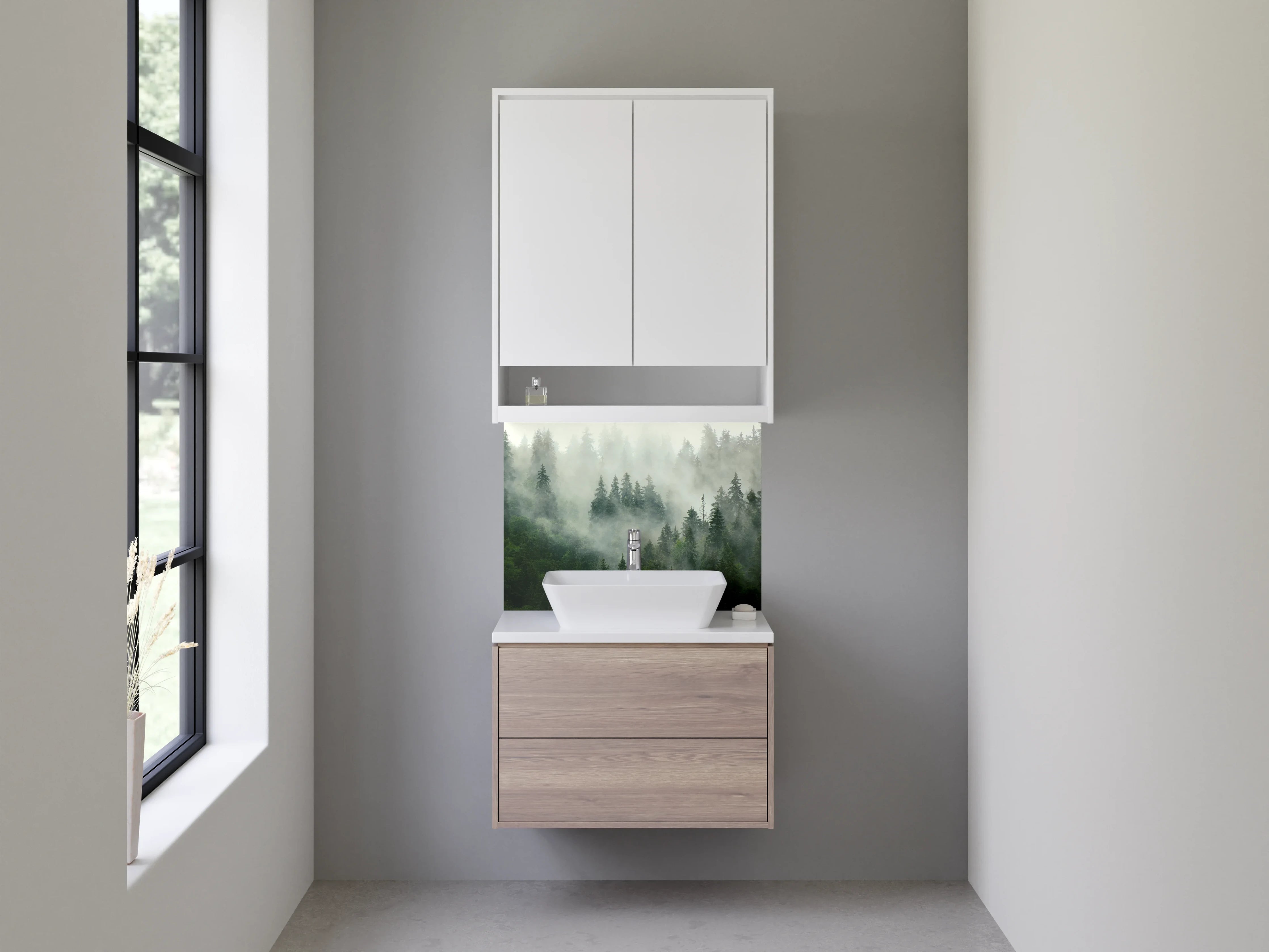 Waschbecken-Rückwand - Mystischer Wald im Nebel – Naturidylle