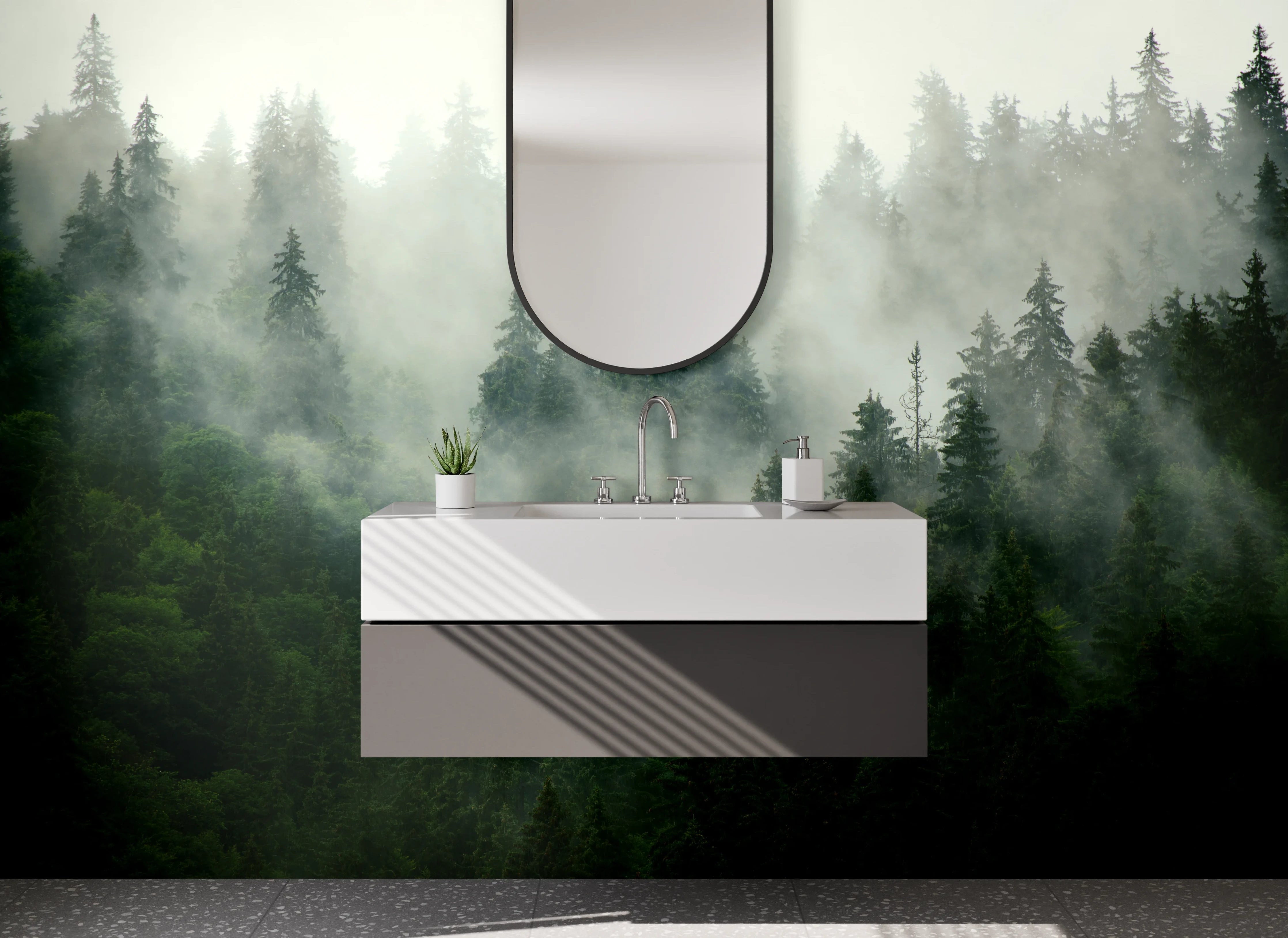 Waschbecken-Rückwand - Mystischer Wald im Nebel – Naturidylle