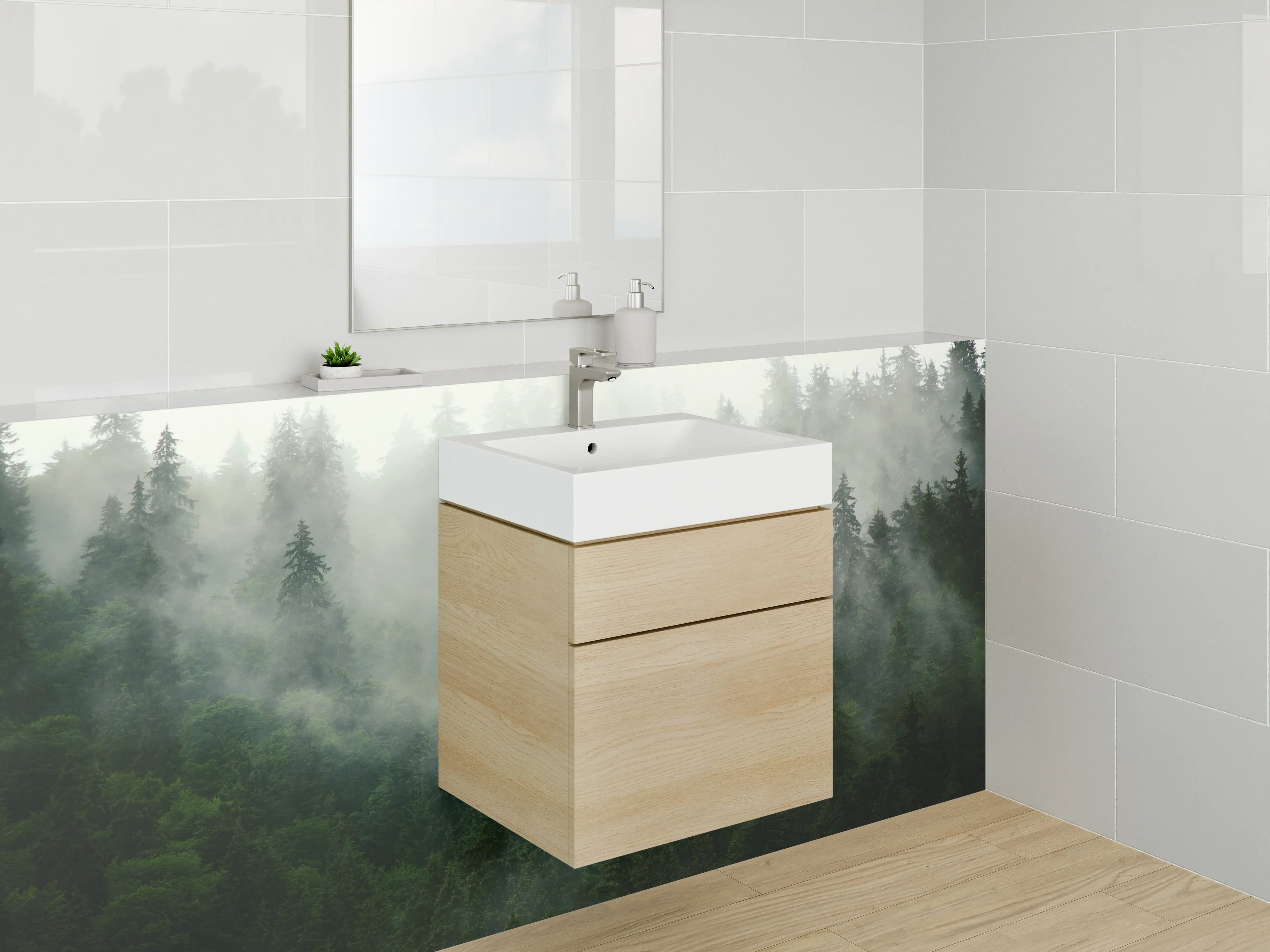 Waschbecken-Rückwand - Mystischer Wald im Nebel – Naturidylle