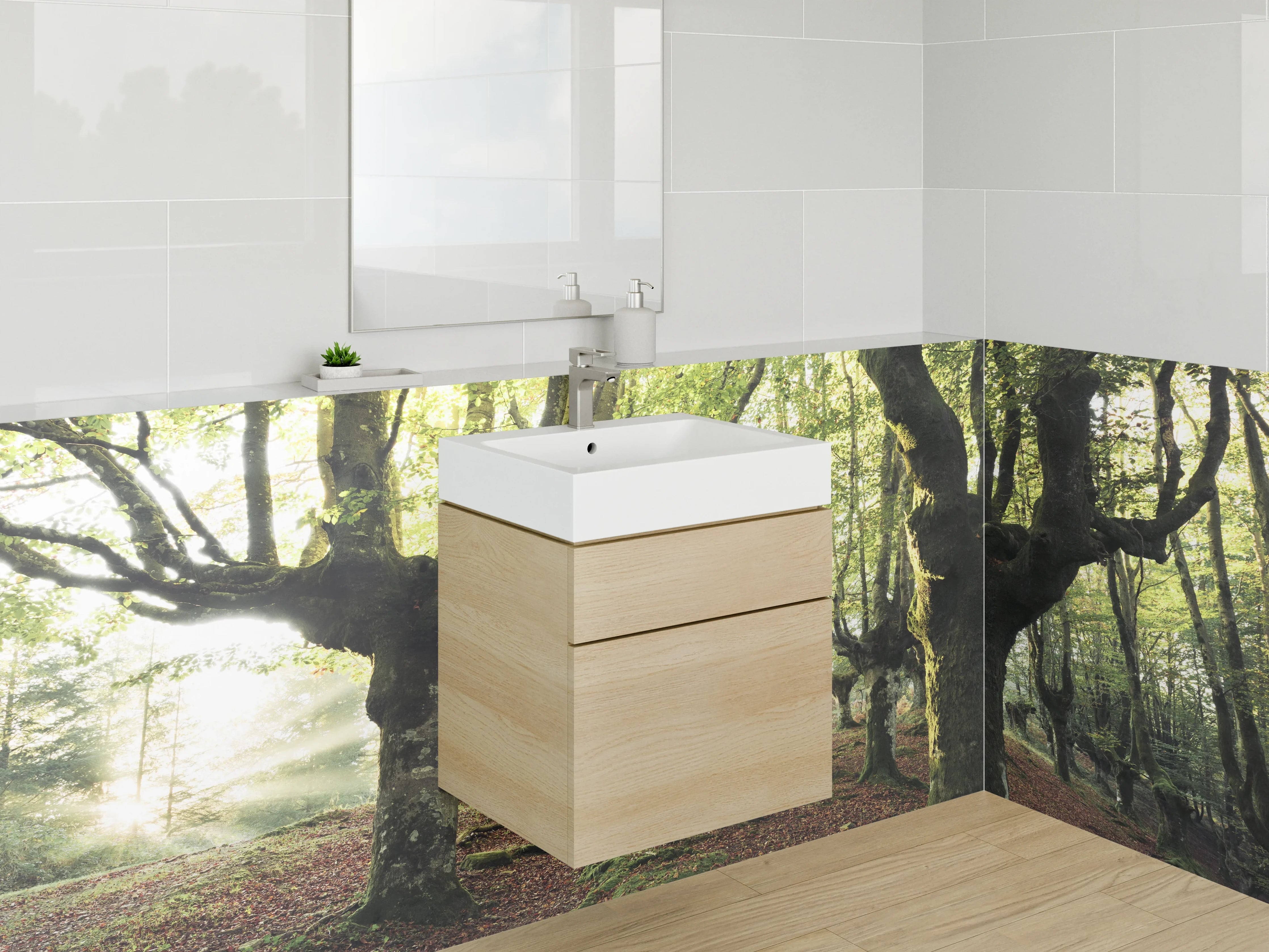 Waschbecken-Rückwand - Mystischer Wald mit alten Bäumen