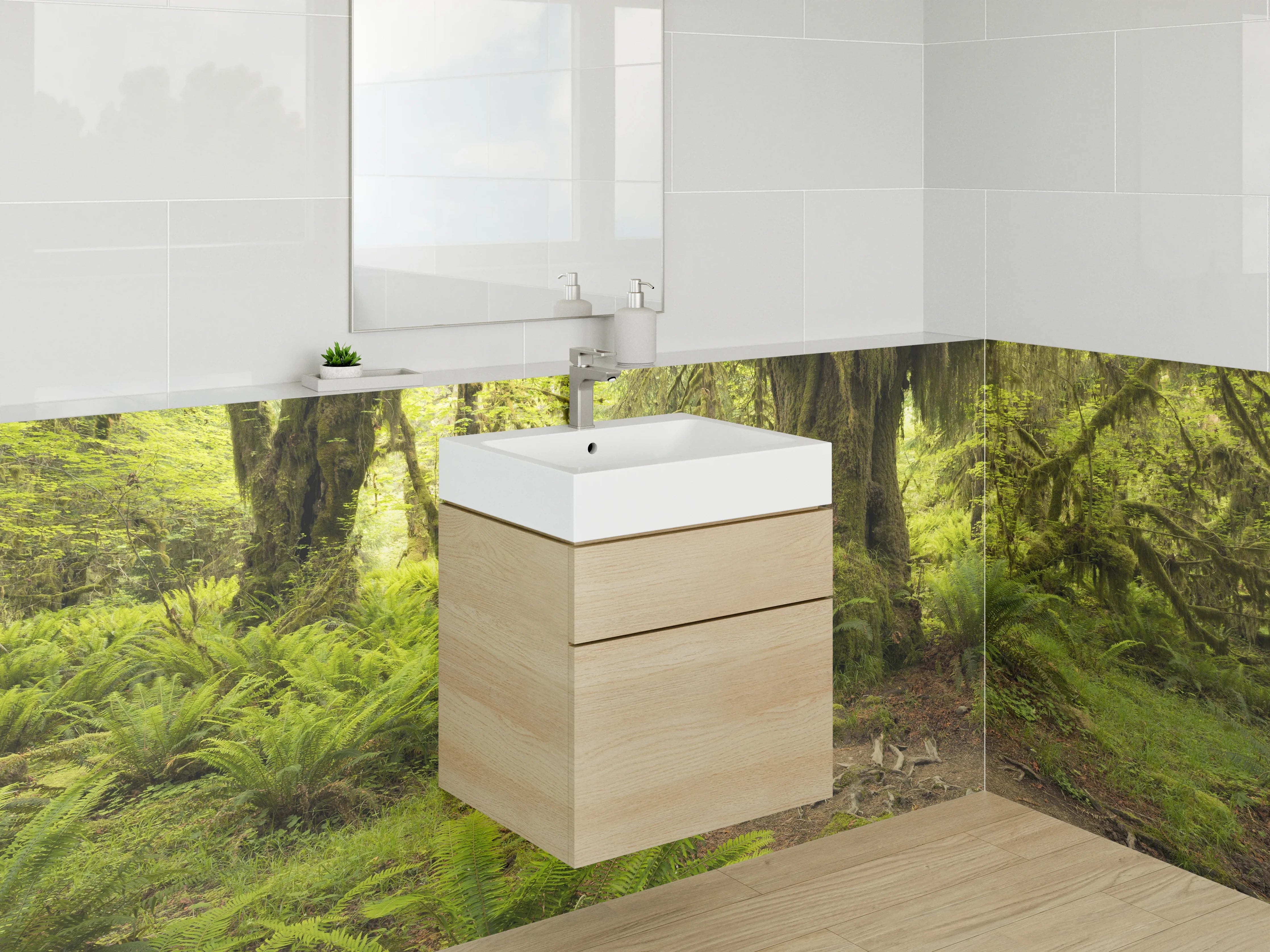 Waschbecken-Rückwand - Mystischer Waldboden mit alten Baumstämmen