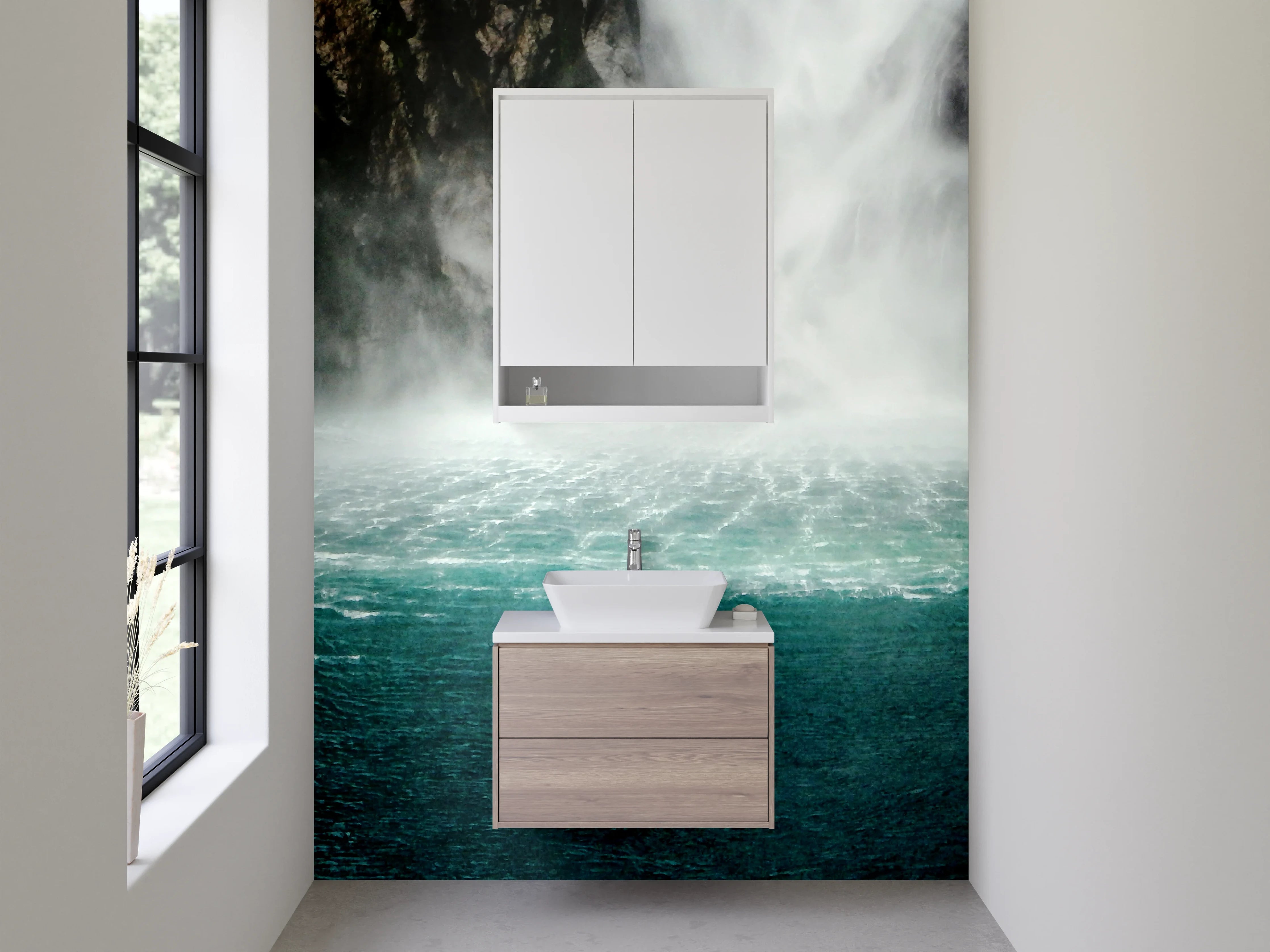 Waschbecken-Rückwand - Mystischer Wasserfall am See