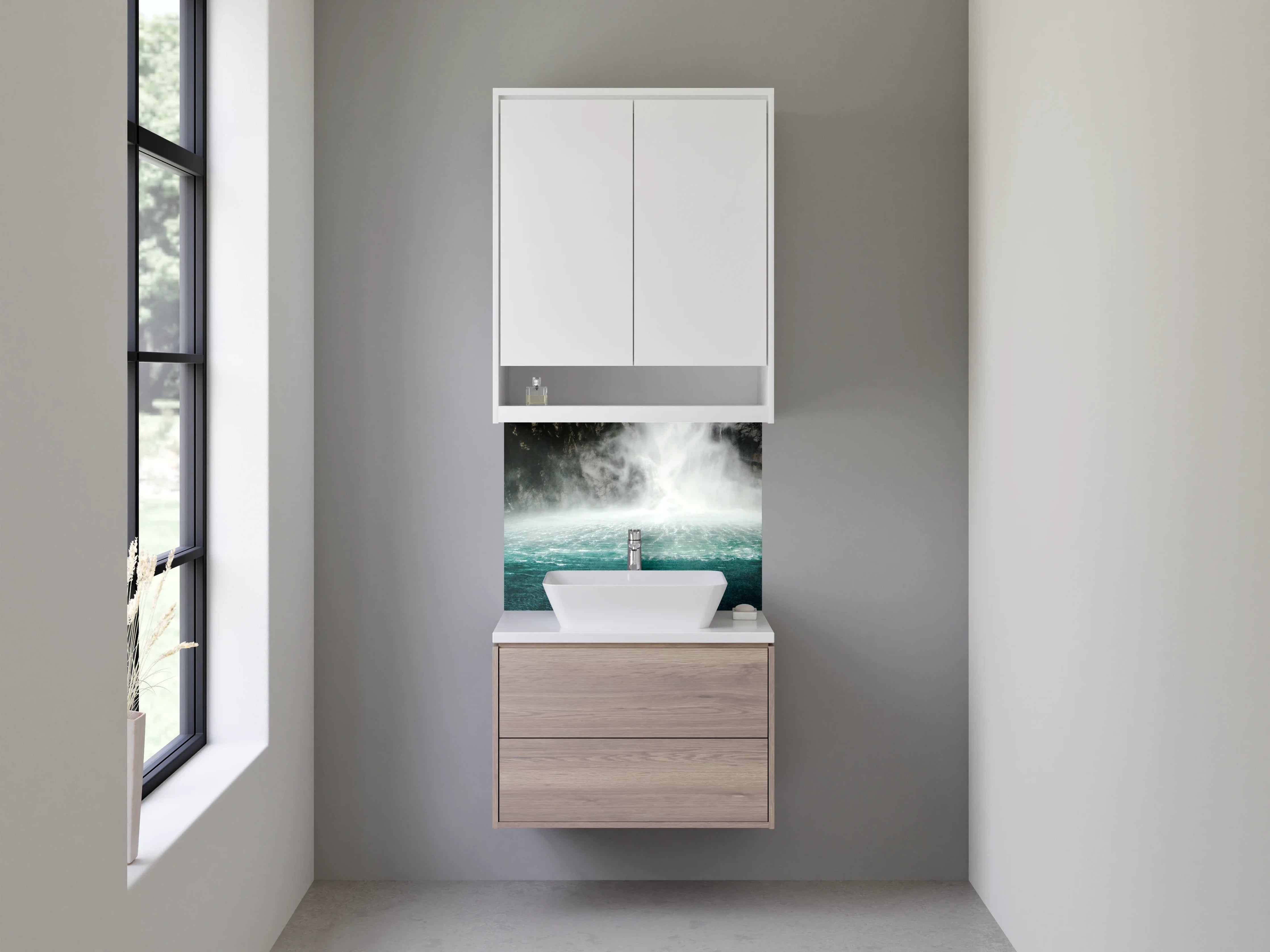 Waschbecken-Rückwand - Mystischer Wasserfall am See