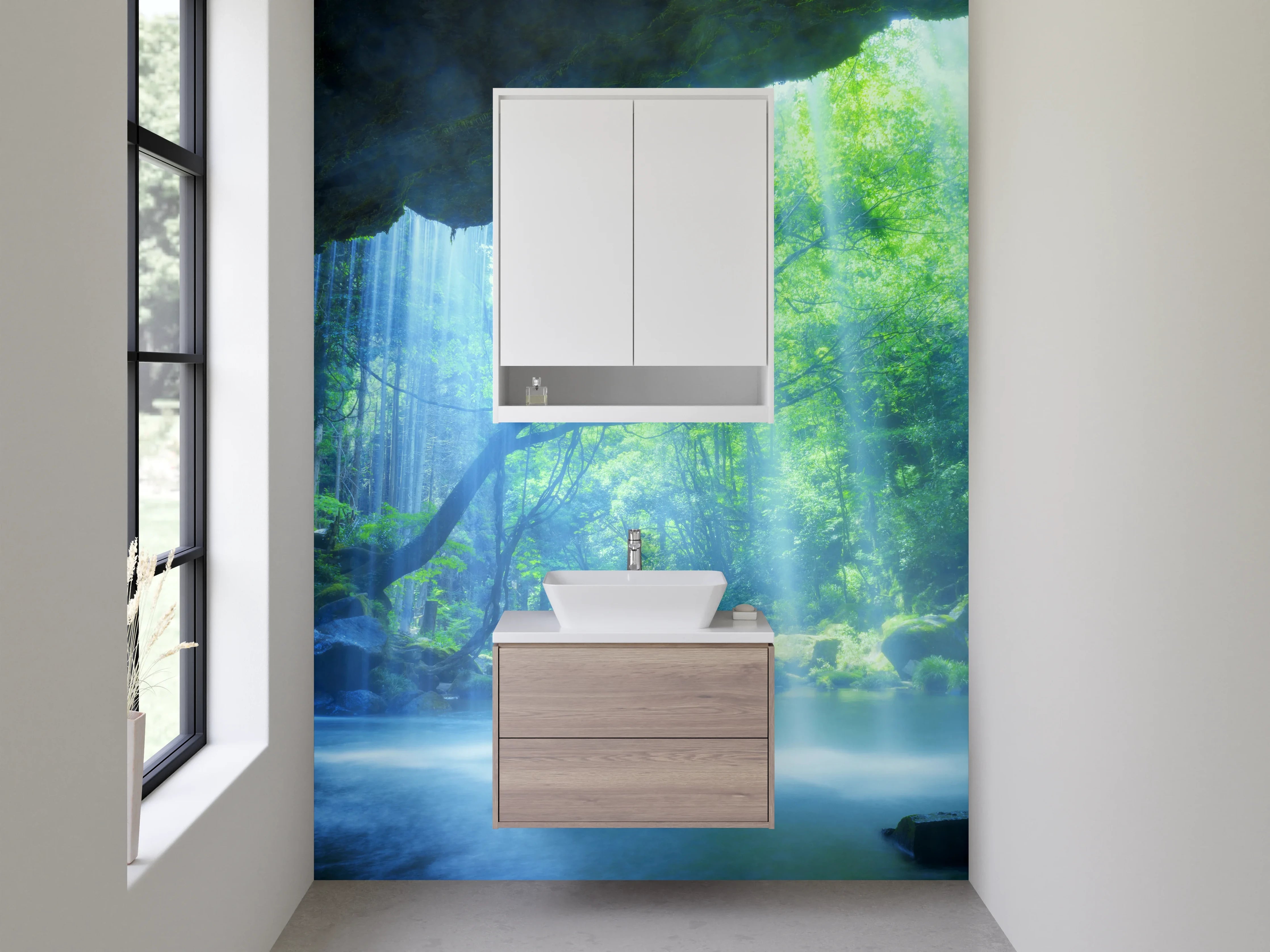 Waschbecken-Rückwand - Mystischer Wasserfall im Regenwald