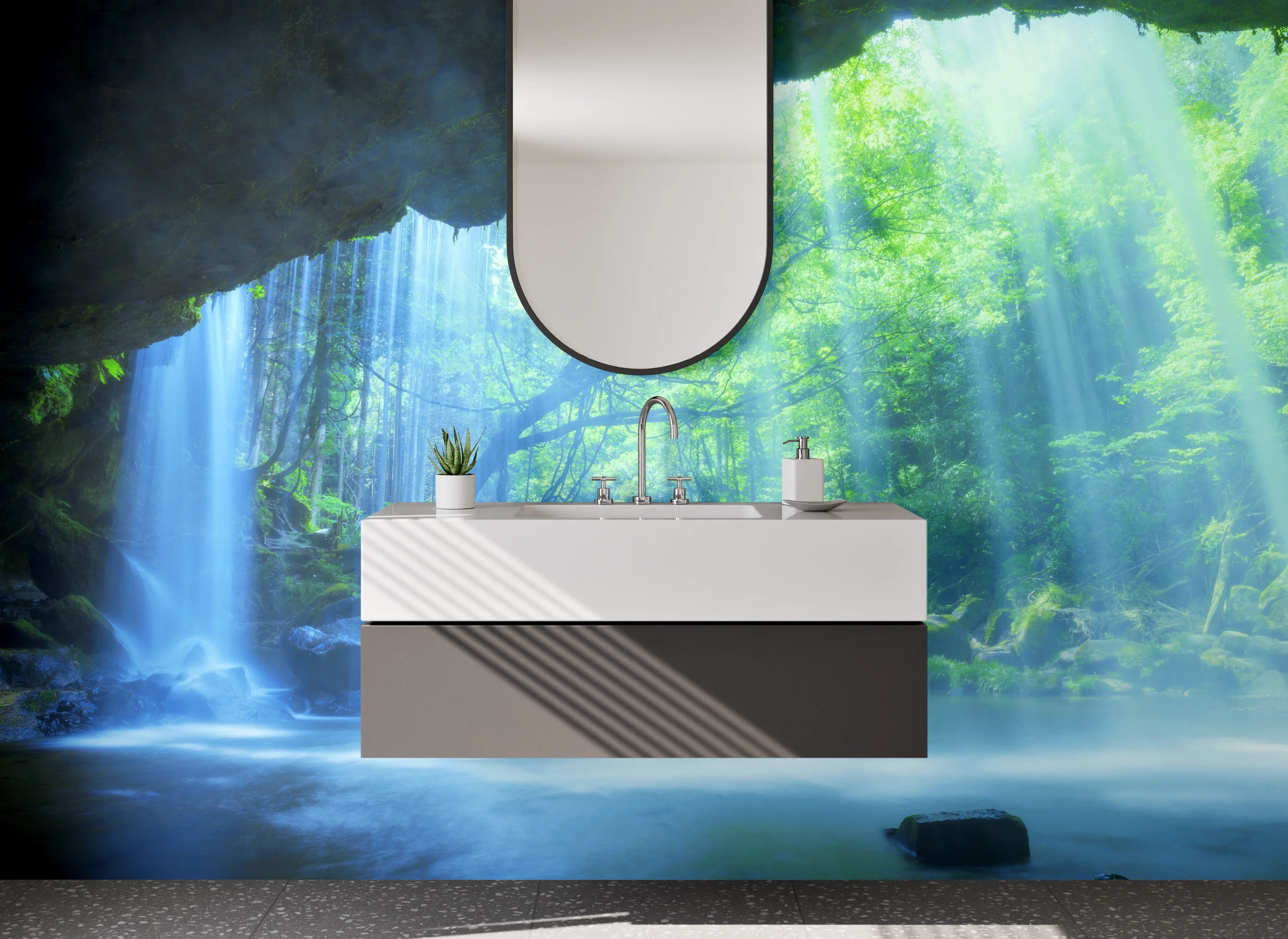 Waschbecken-Rückwand - Mystischer Wasserfall im Regenwald