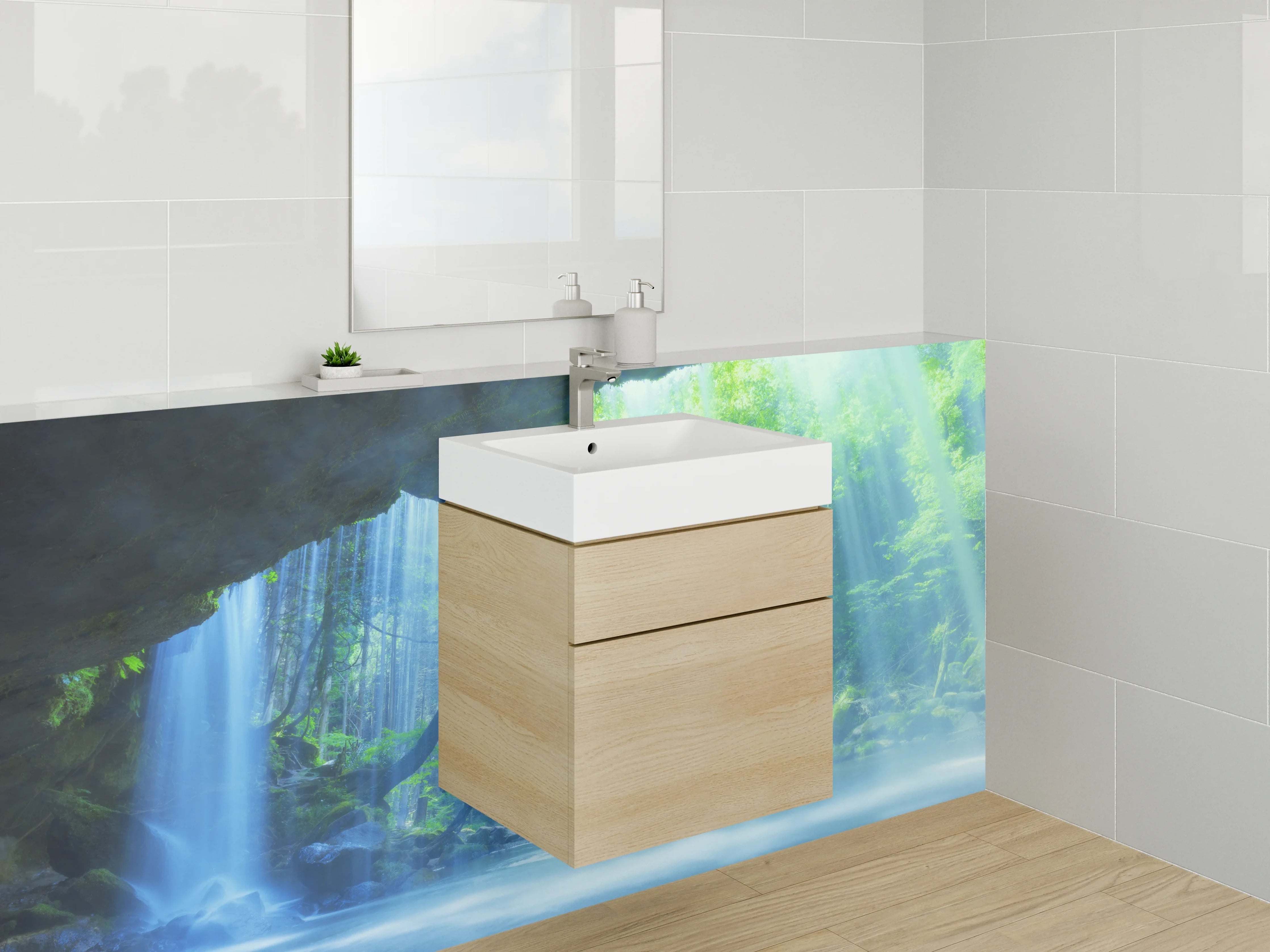 Waschbecken-Rückwand - Mystischer Wasserfall im Regenwald