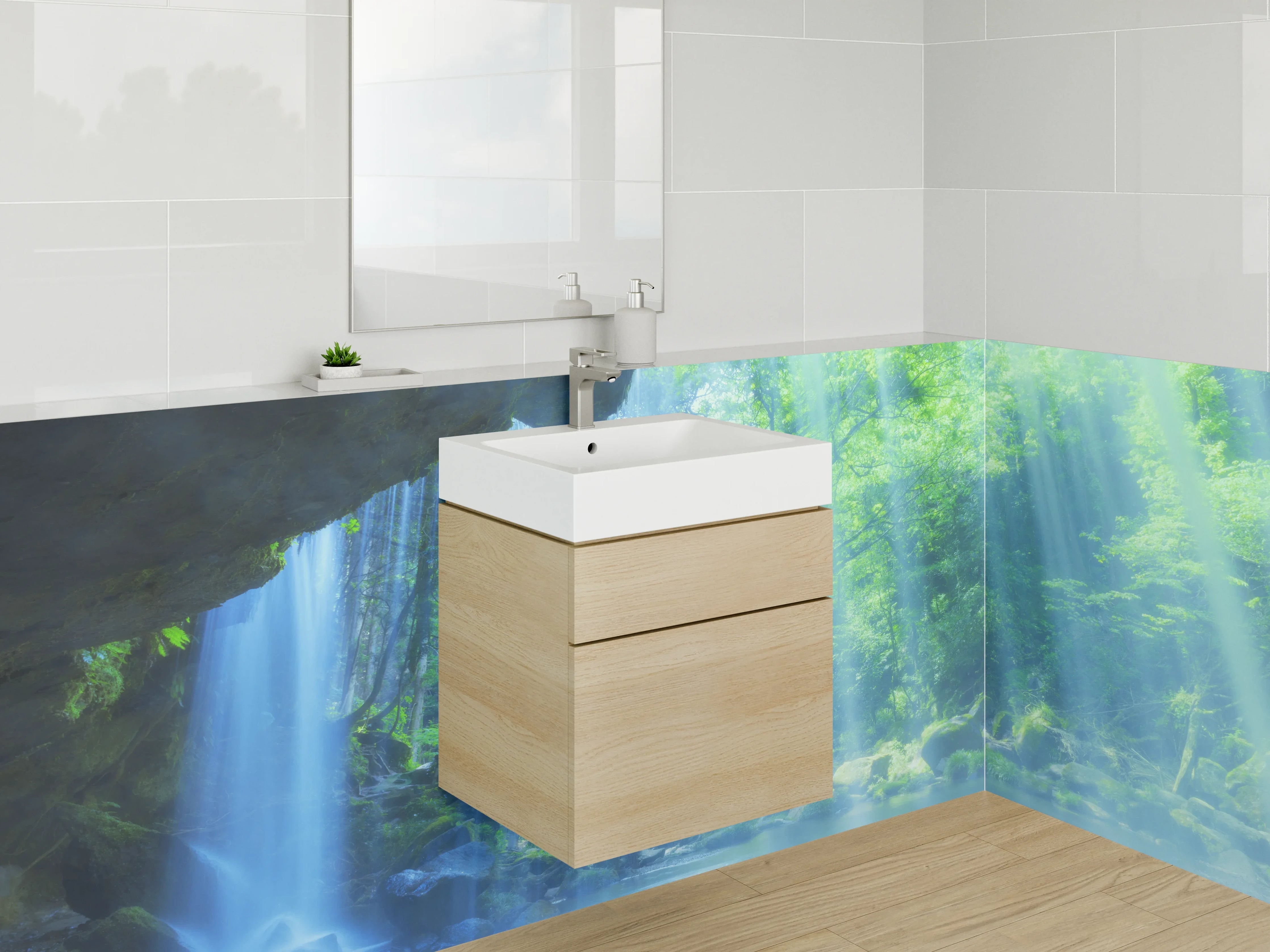 Waschbecken-Rückwand - Mystischer Wasserfall im Regenwald