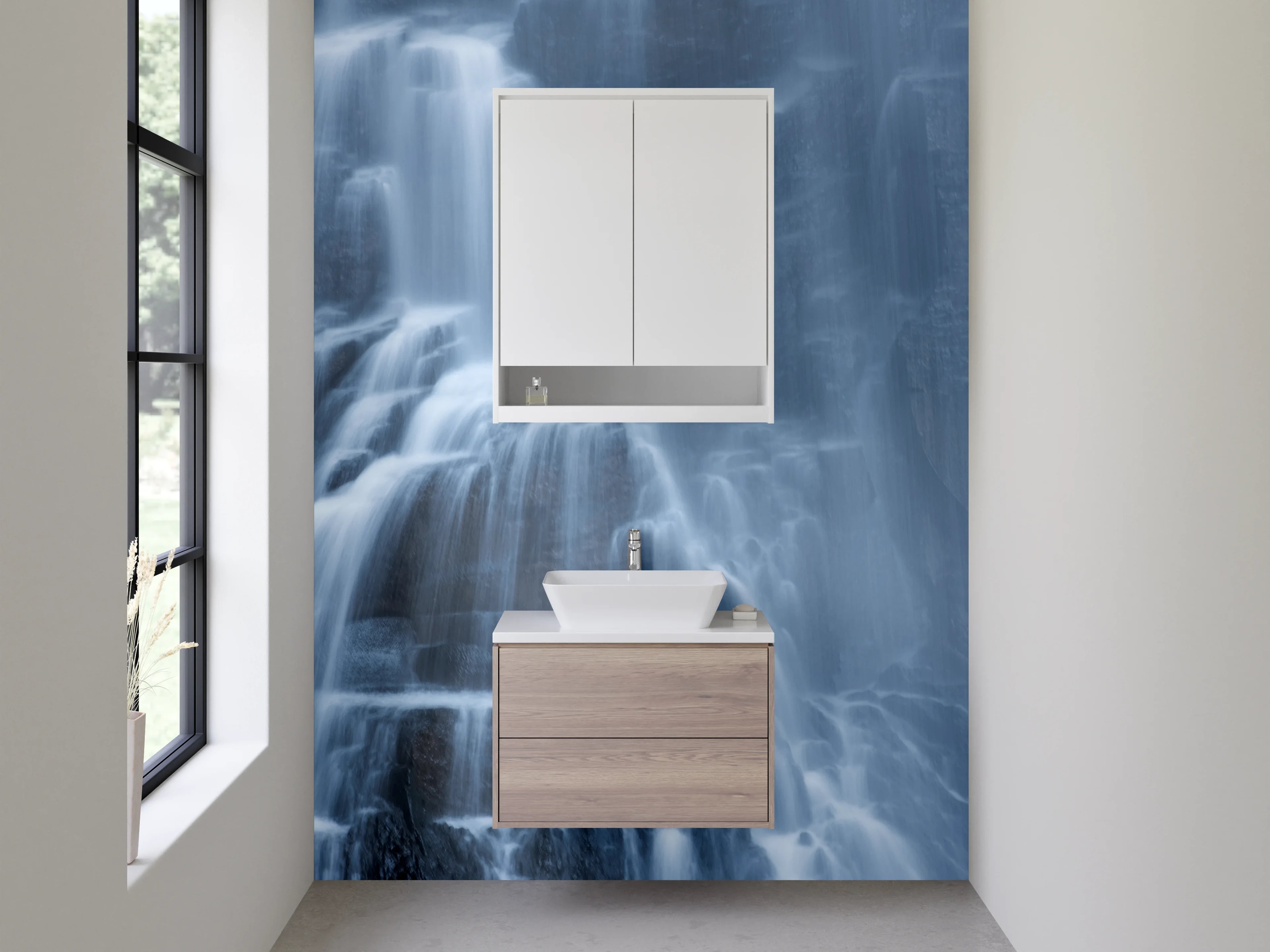 Waschbecken-Rückwand - Mystischer Wasserfall in Blautönen