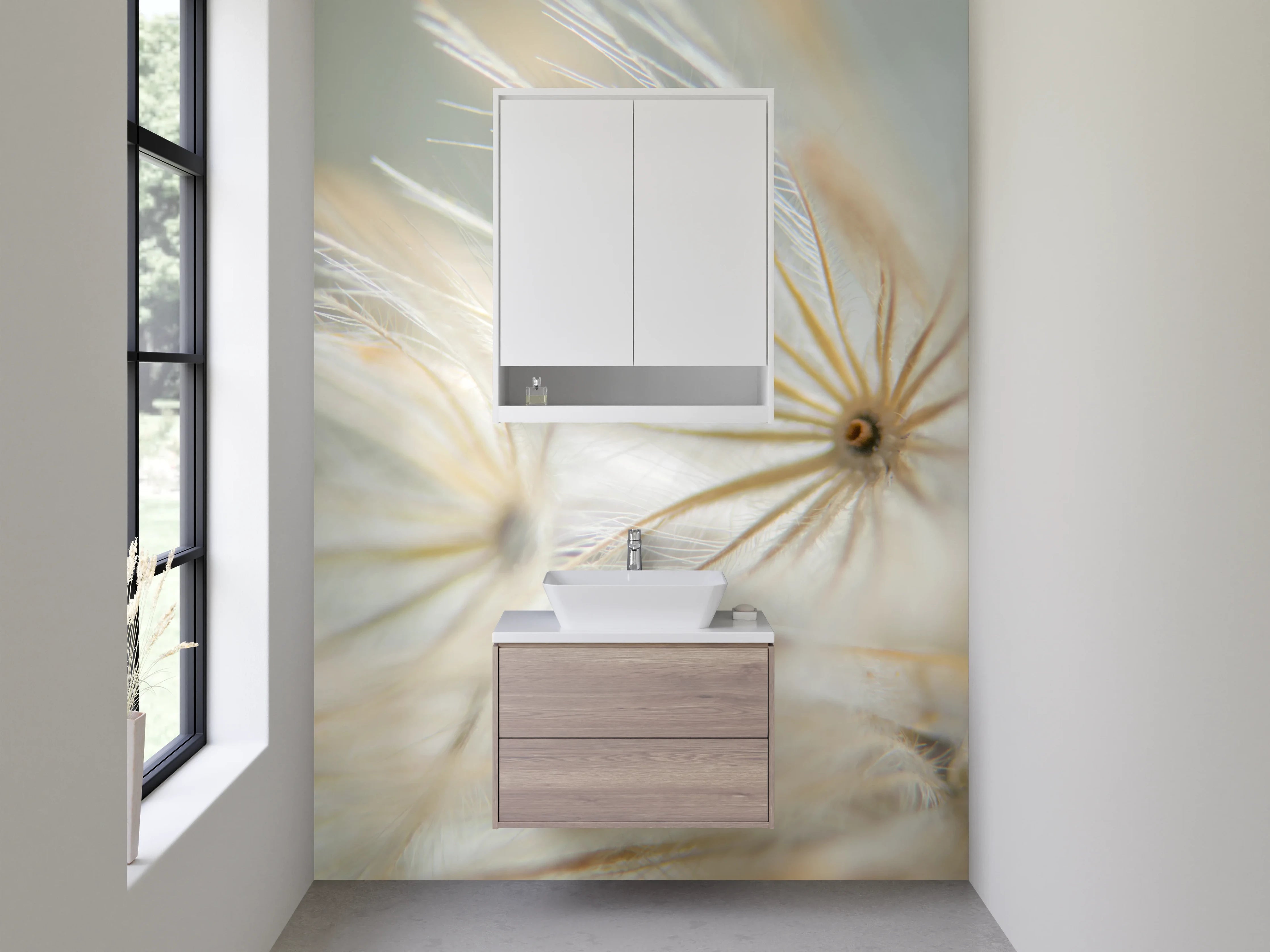 Waschbecken-Rückwand - Nahaufnahme Pusteblume Weiß und Beige