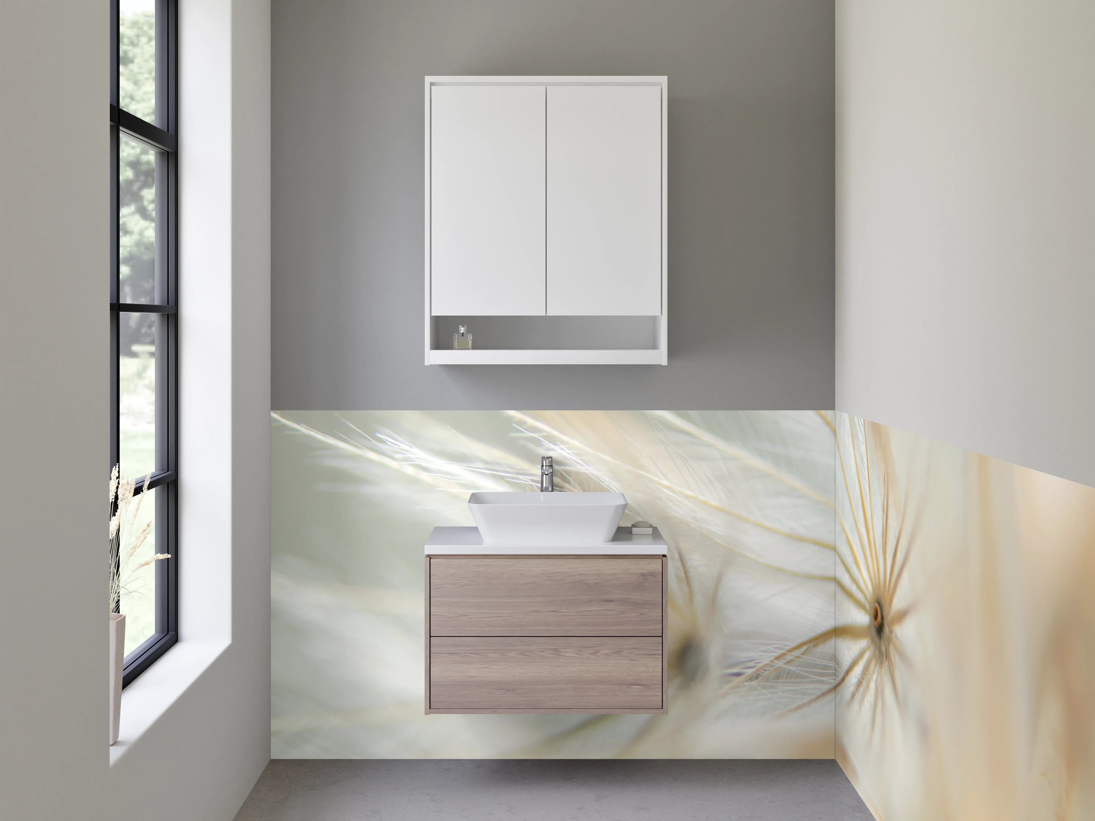 Waschbecken-Rückwand - Nahaufnahme Pusteblume Weiß und Beige