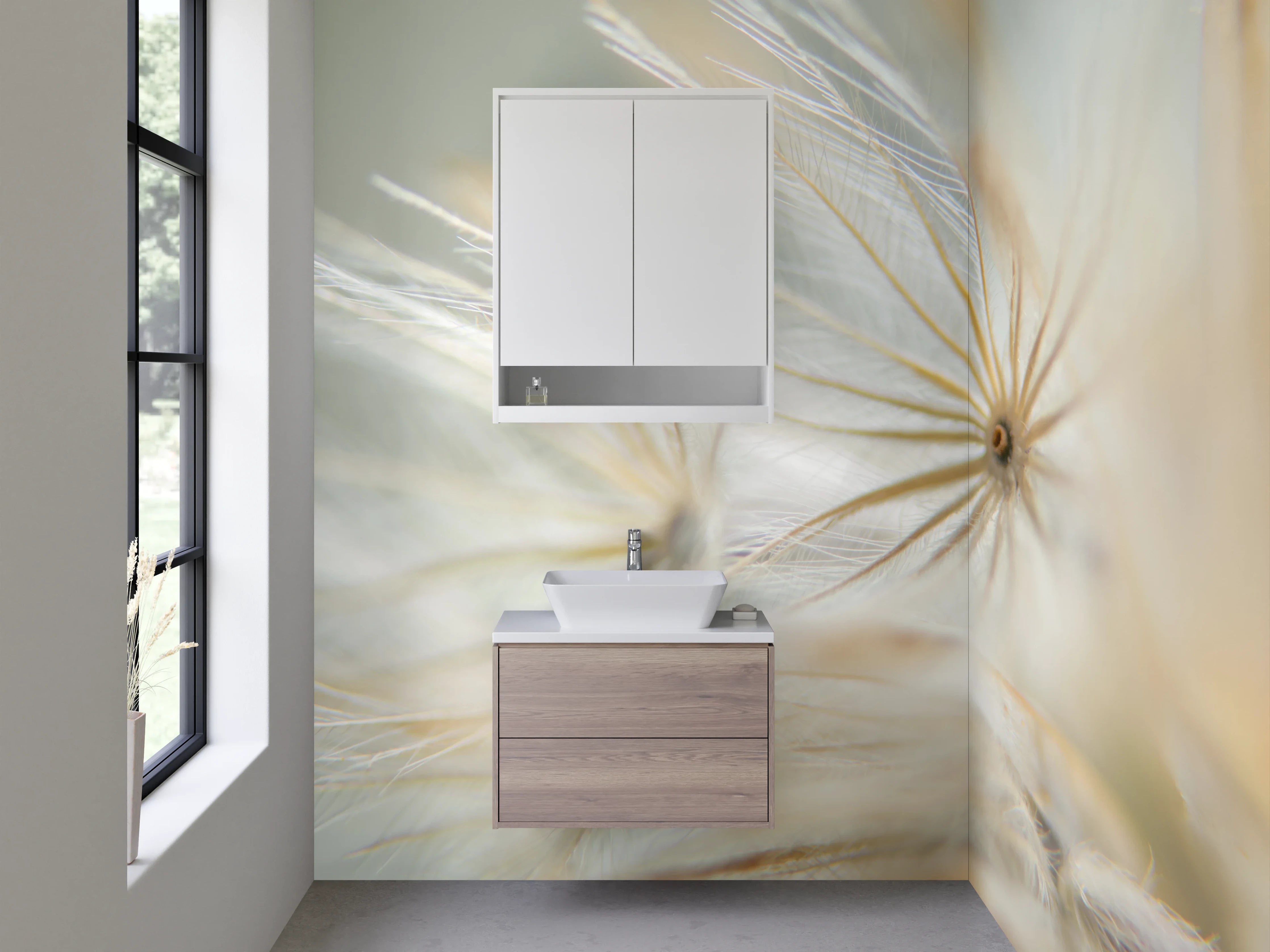 Waschbecken-Rückwand - Nahaufnahme Pusteblume Weiß und Beige