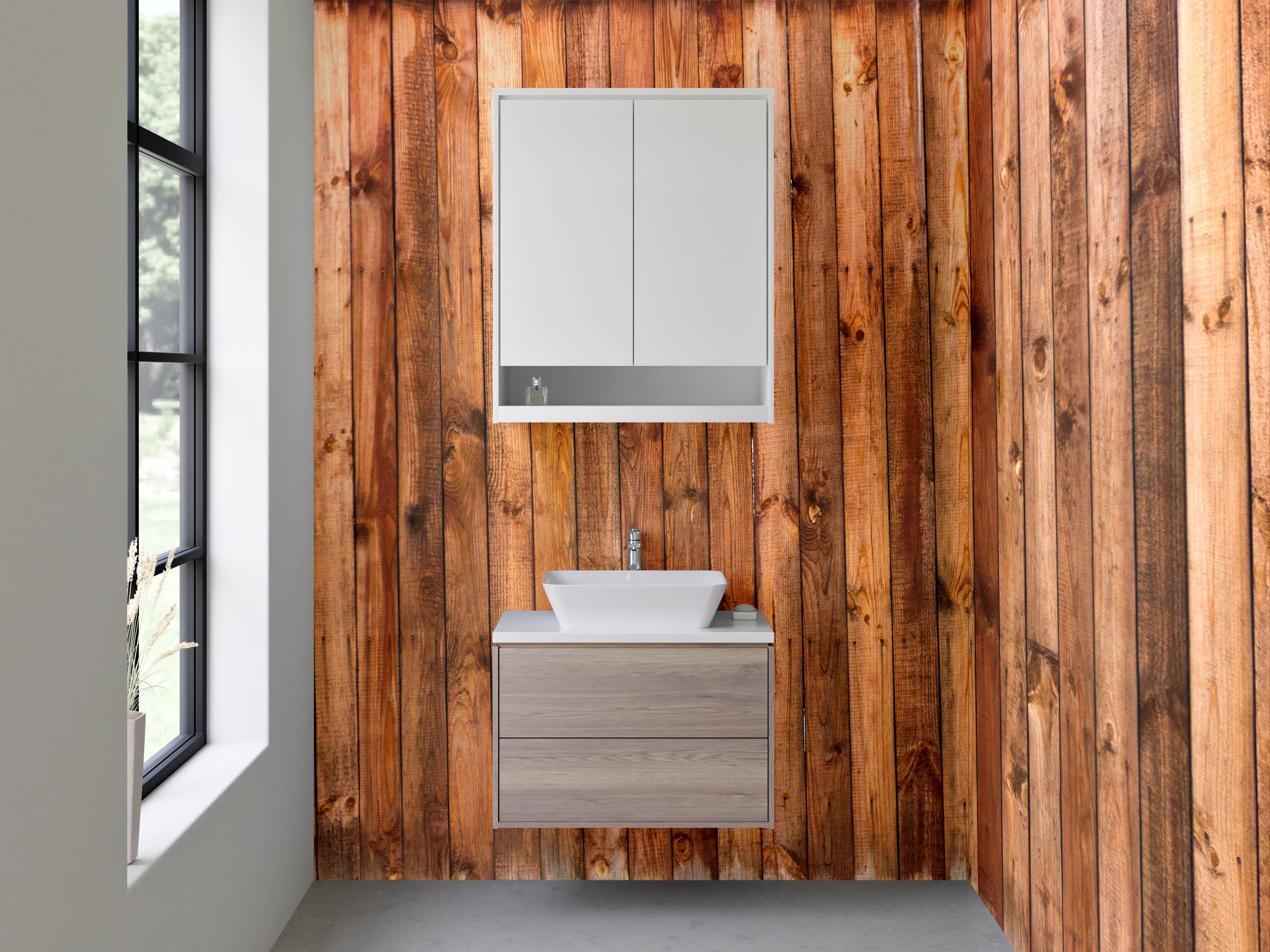 Waschbecken-Rückwand - Natürliche Holzfassade with warm tones