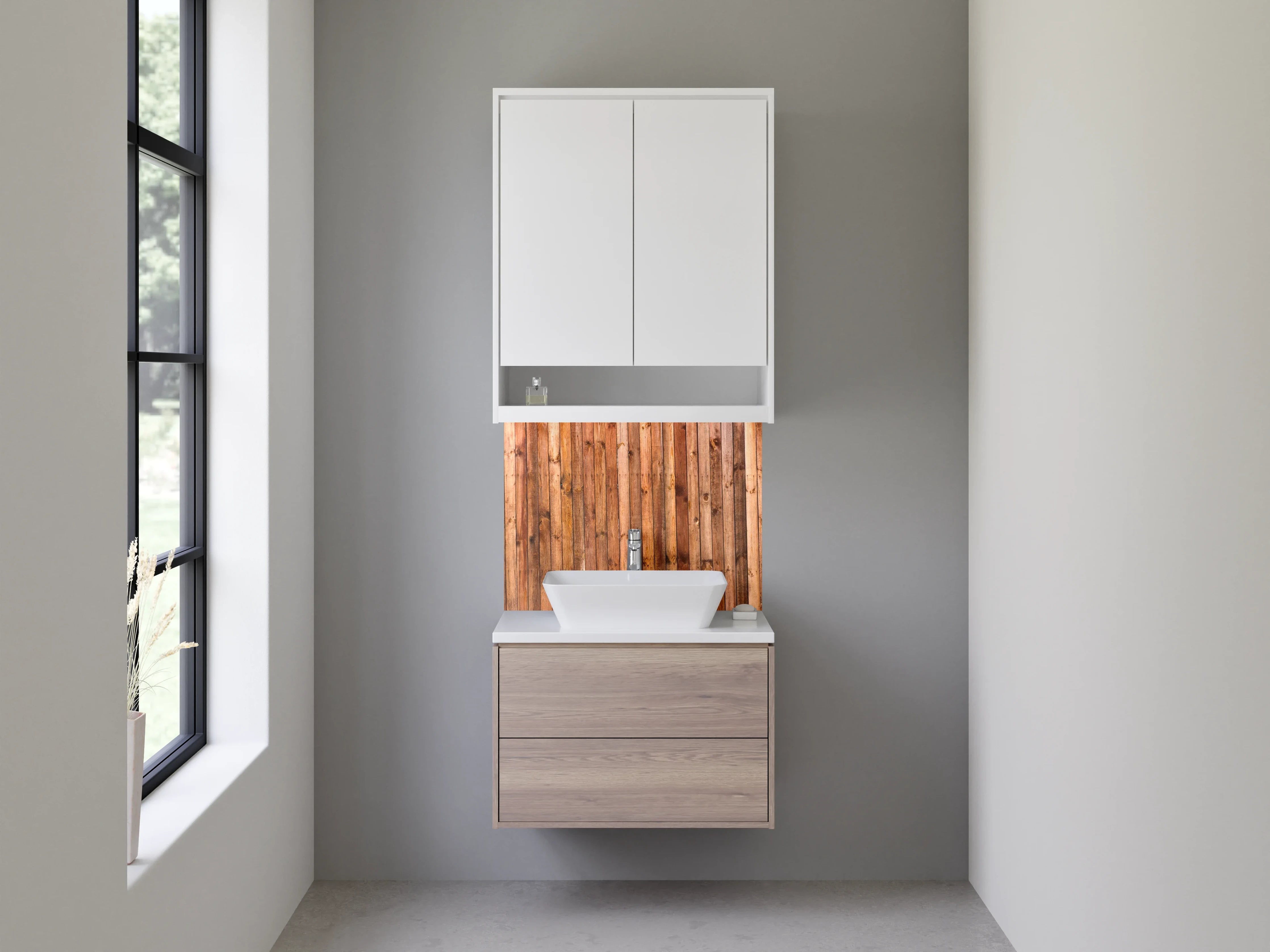 Waschbecken-Rückwand - Natürliche Holzfassade with warm tones