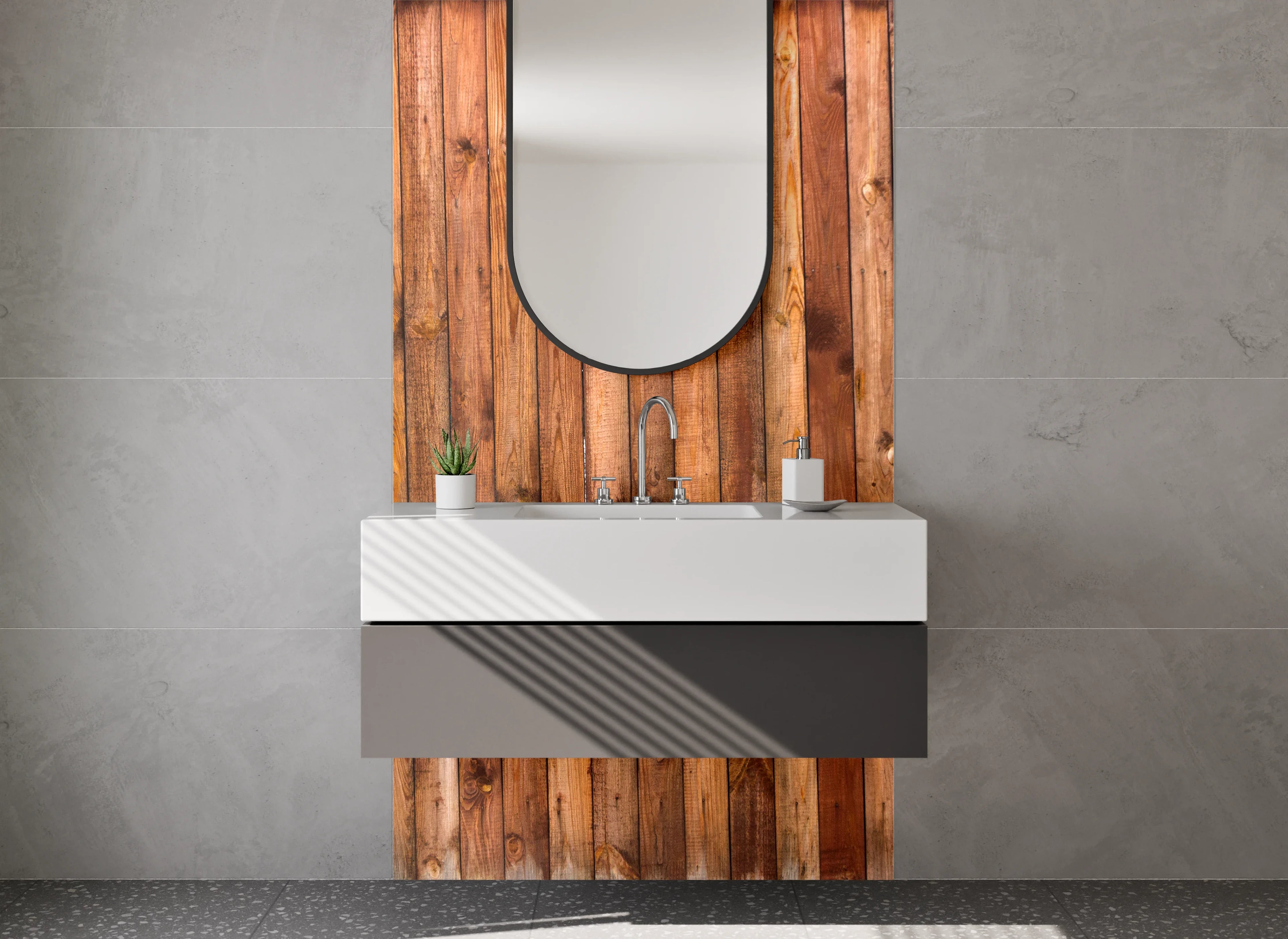 Waschbecken-Rückwand - Natürliche Holzfassade with warm tones