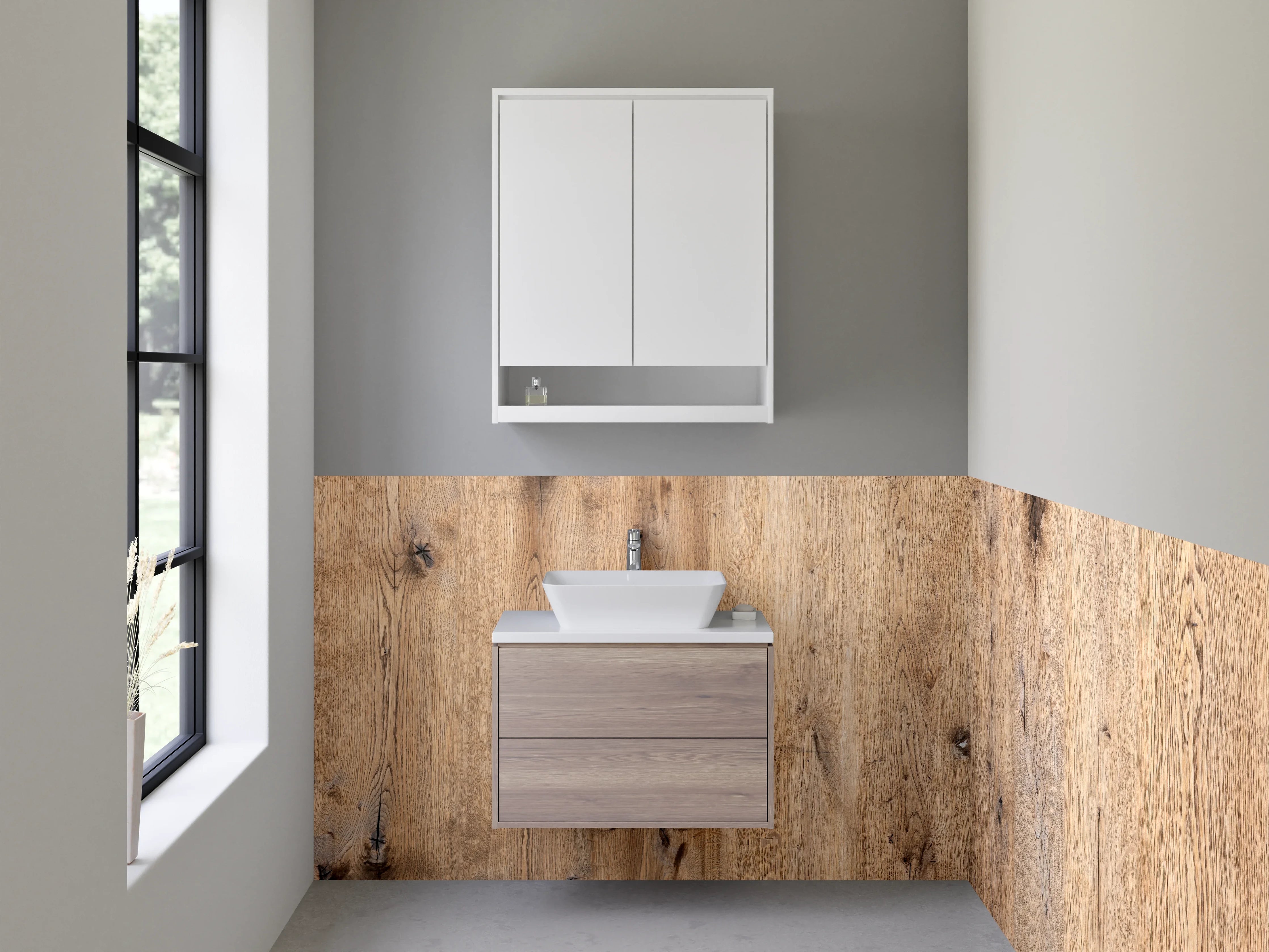 Waschbecken-Rückwand - Natürliche Holzmaserung in warmem Beige-Ton