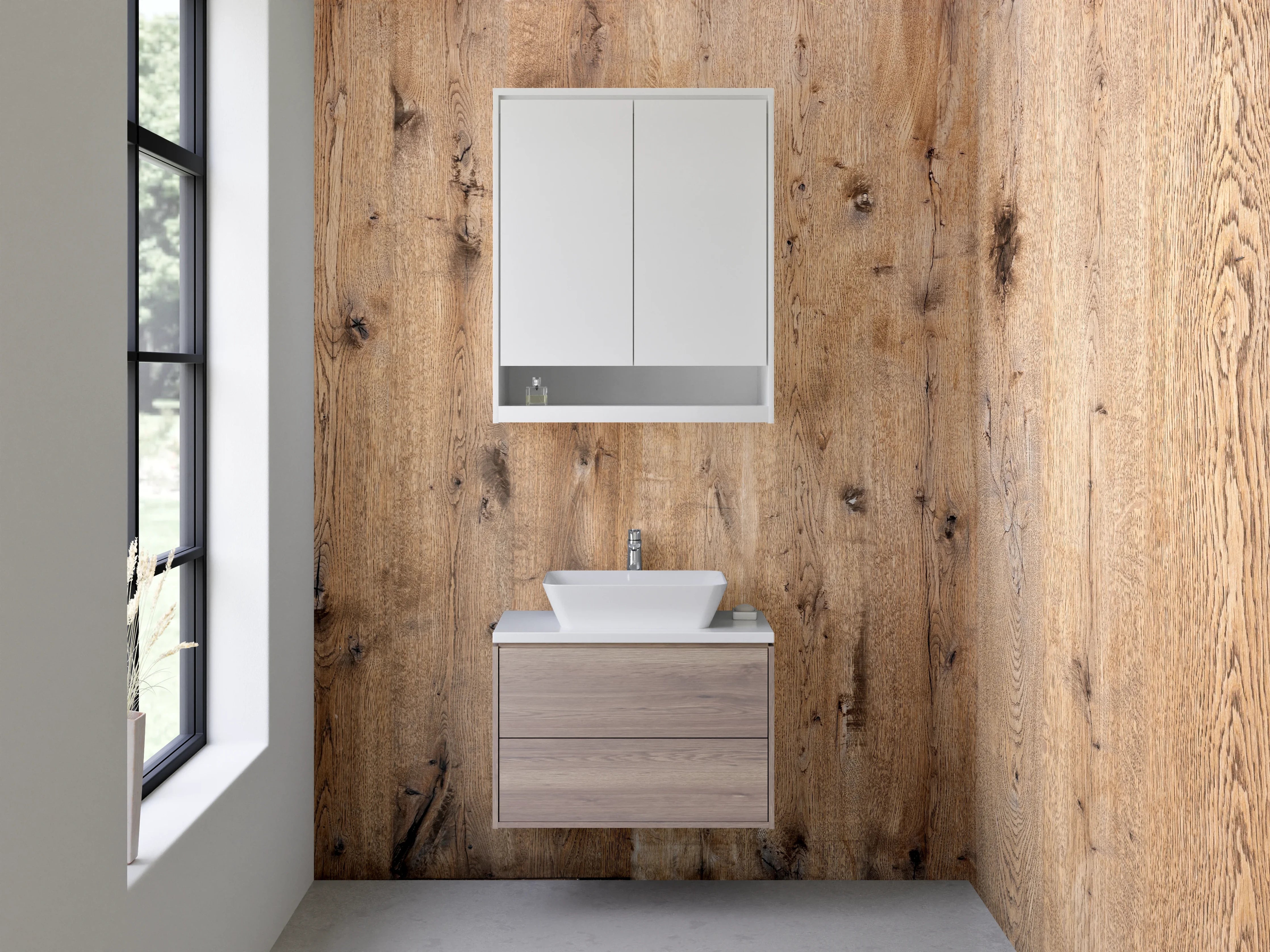 Waschbecken-Rückwand - Natürliche Holzmaserung in warmem Beige-Ton