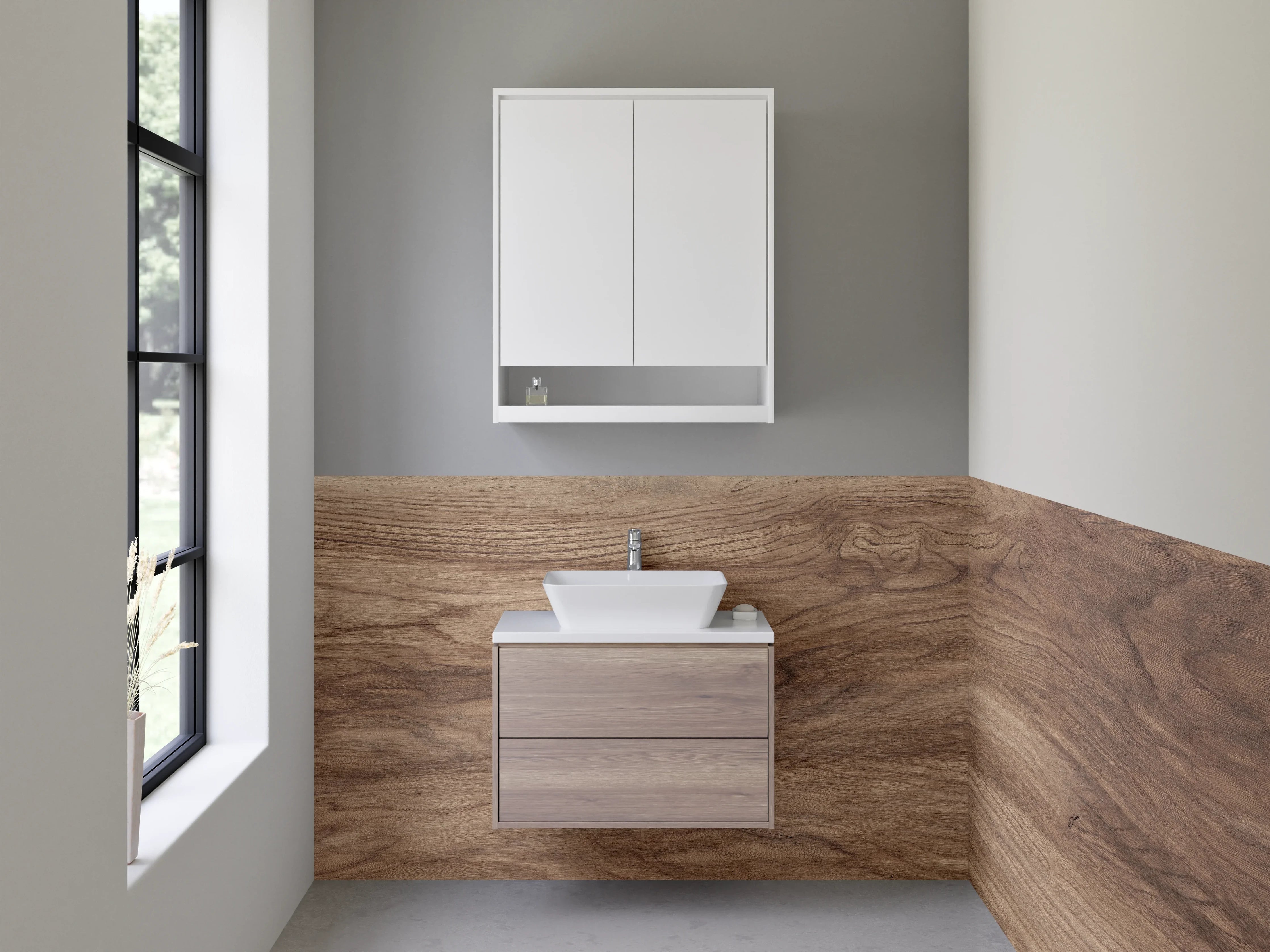 Waschbecken-Rückwand - Natürliche Holzmaserung in warmen Braun- und Beigetönen