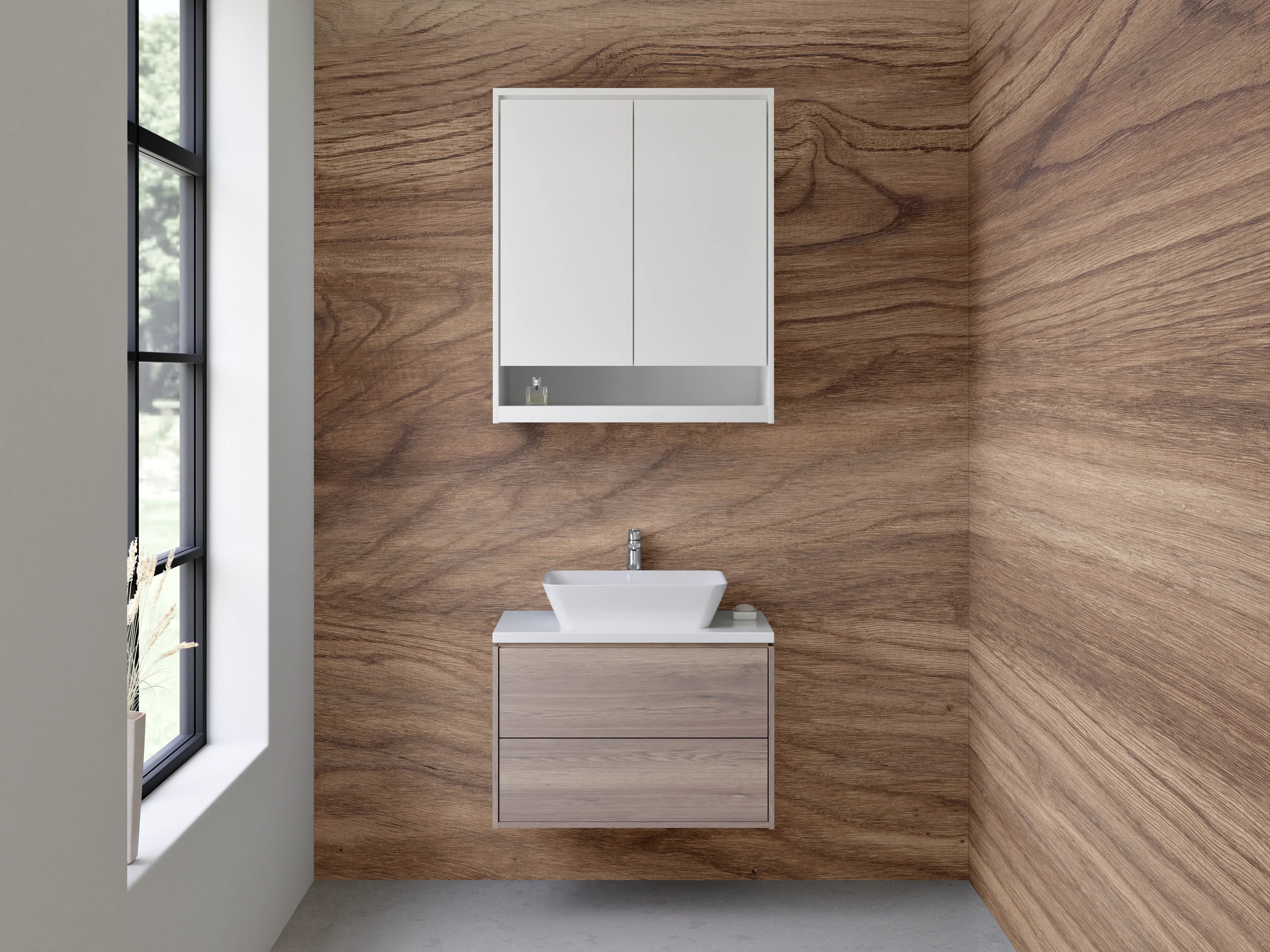 Waschbecken-Rückwand - Natürliche Holzmaserung in warmen Braun- und Beigetönen