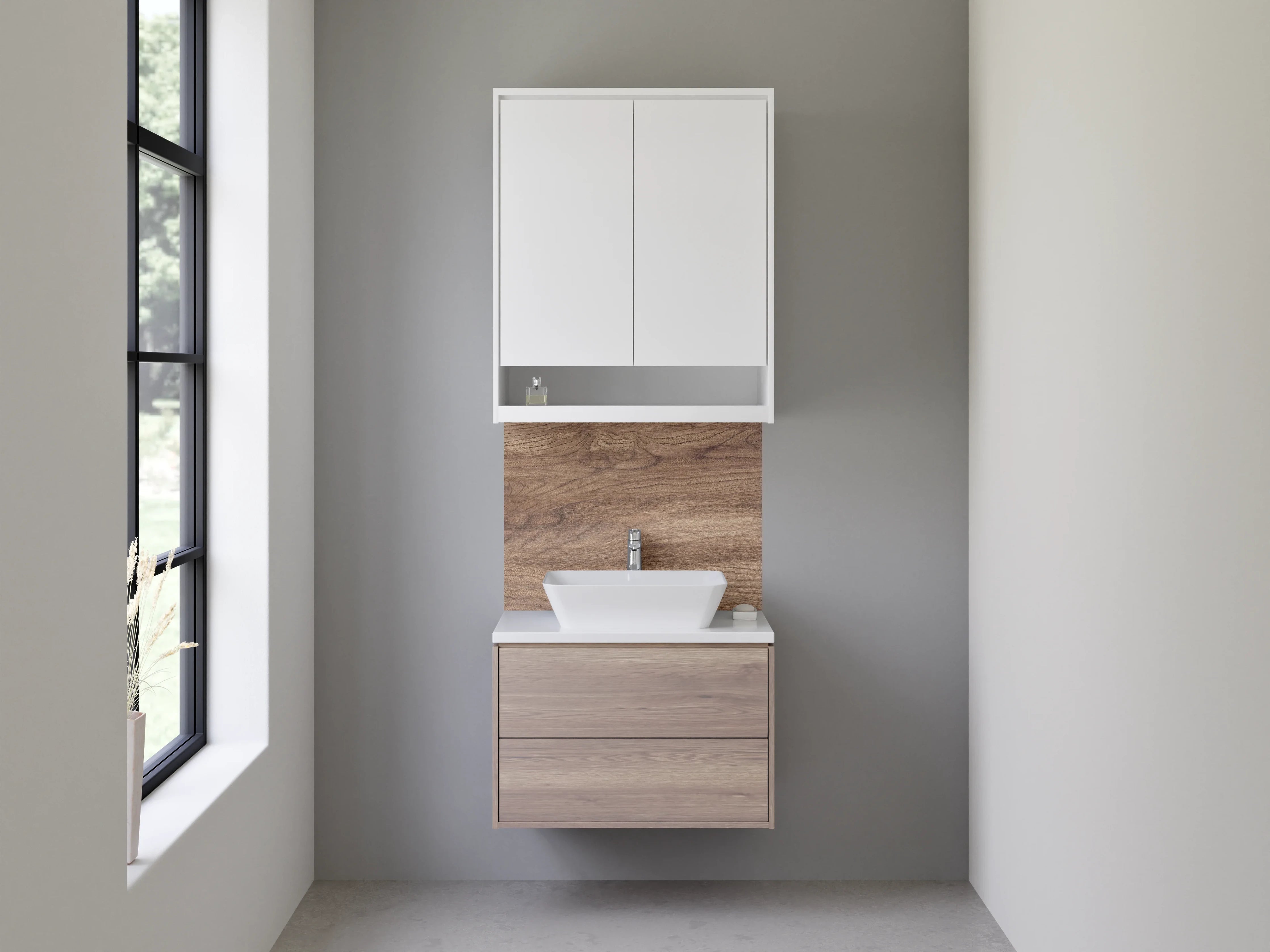 Waschbecken-Rückwand - Natürliche Holzmaserung in warmen Braun- und Beigetönen