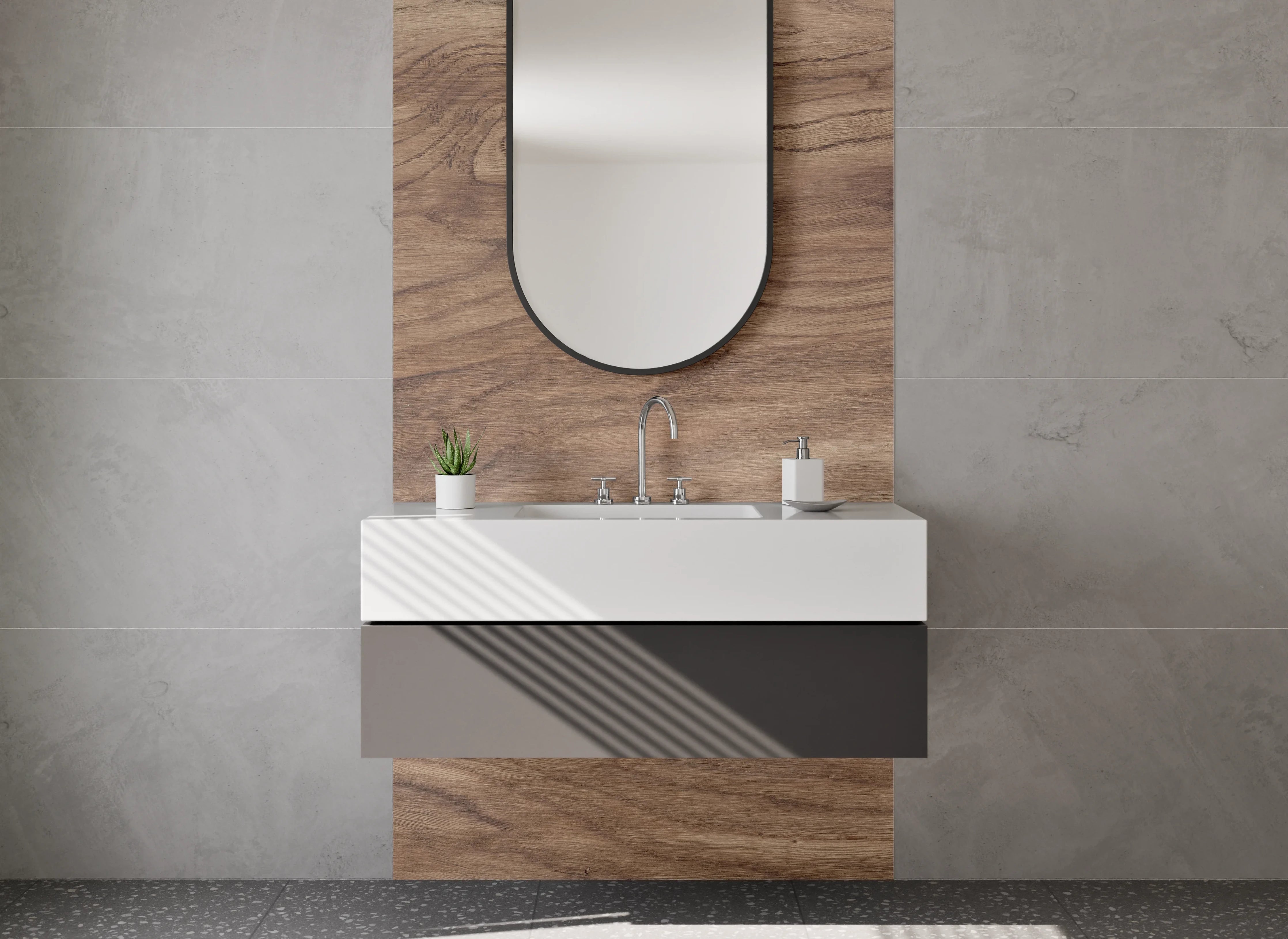 Waschbecken-Rückwand - Natürliche Holzmaserung in warmen Braun- und Beigetönen