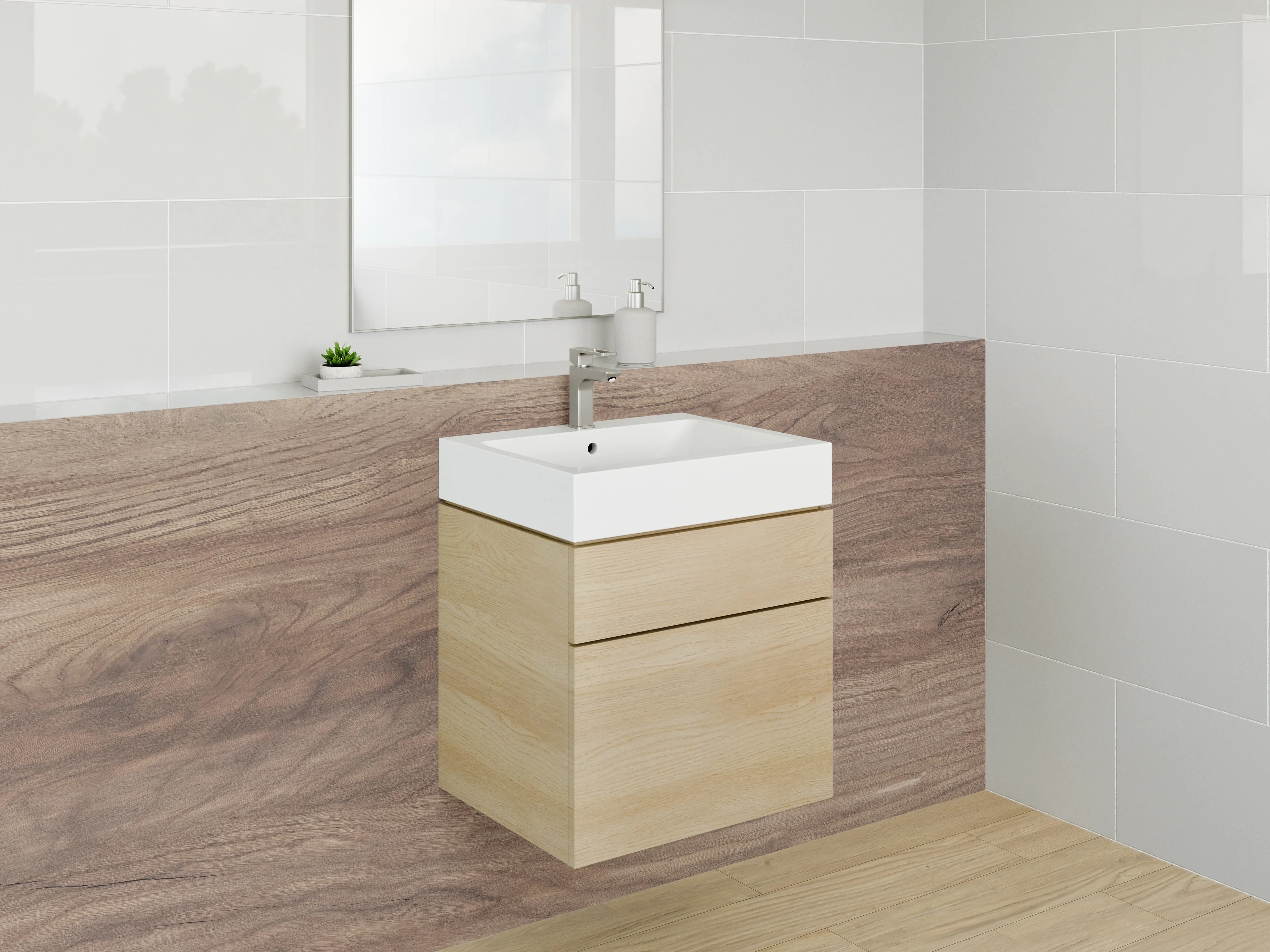 Waschbecken-Rückwand - Natürliche Holzmaserung in warmen Braun- und Beigetönen