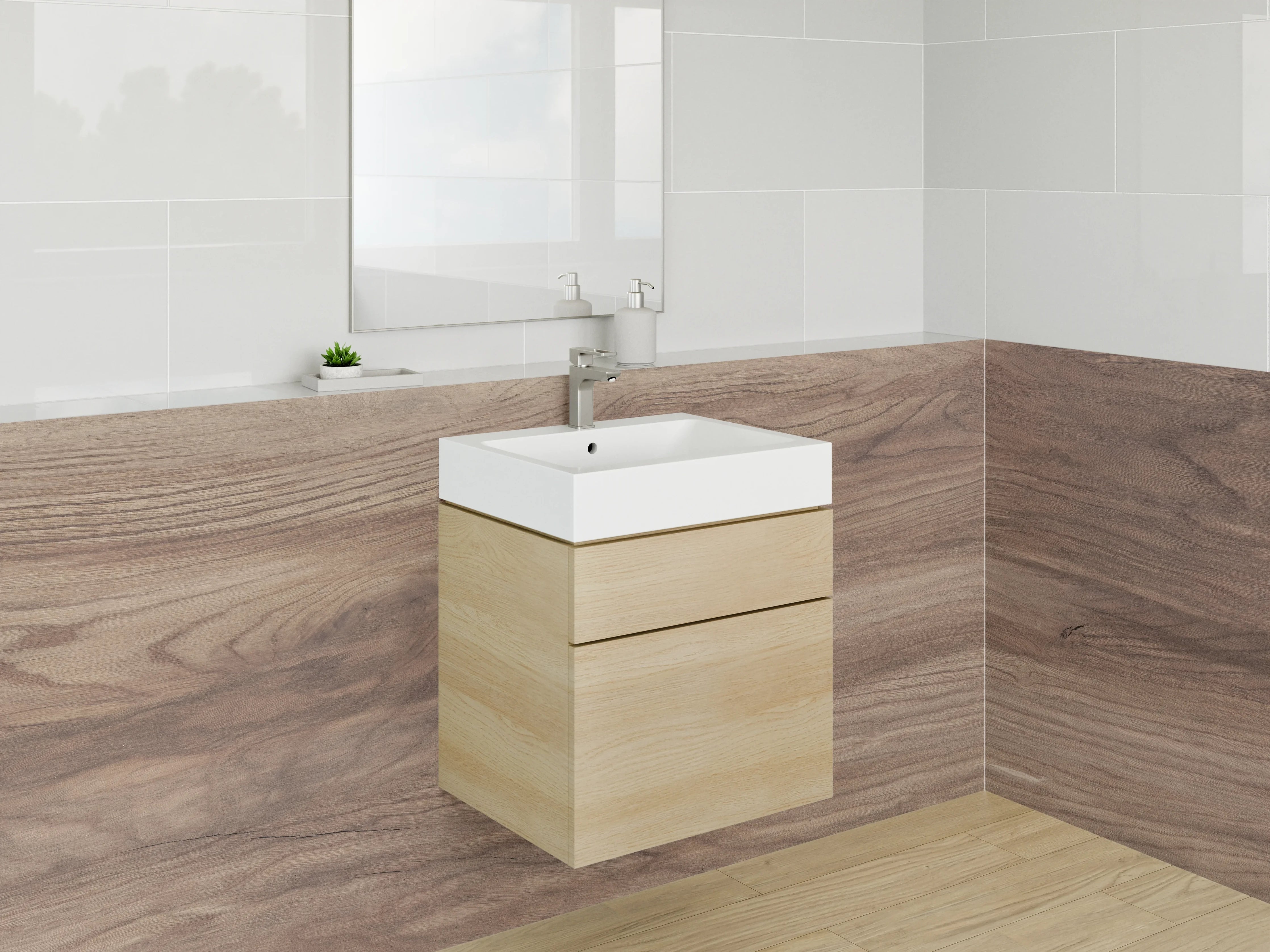 Waschbecken-Rückwand - Natürliche Holzmaserung in warmen Braun- und Beigetönen