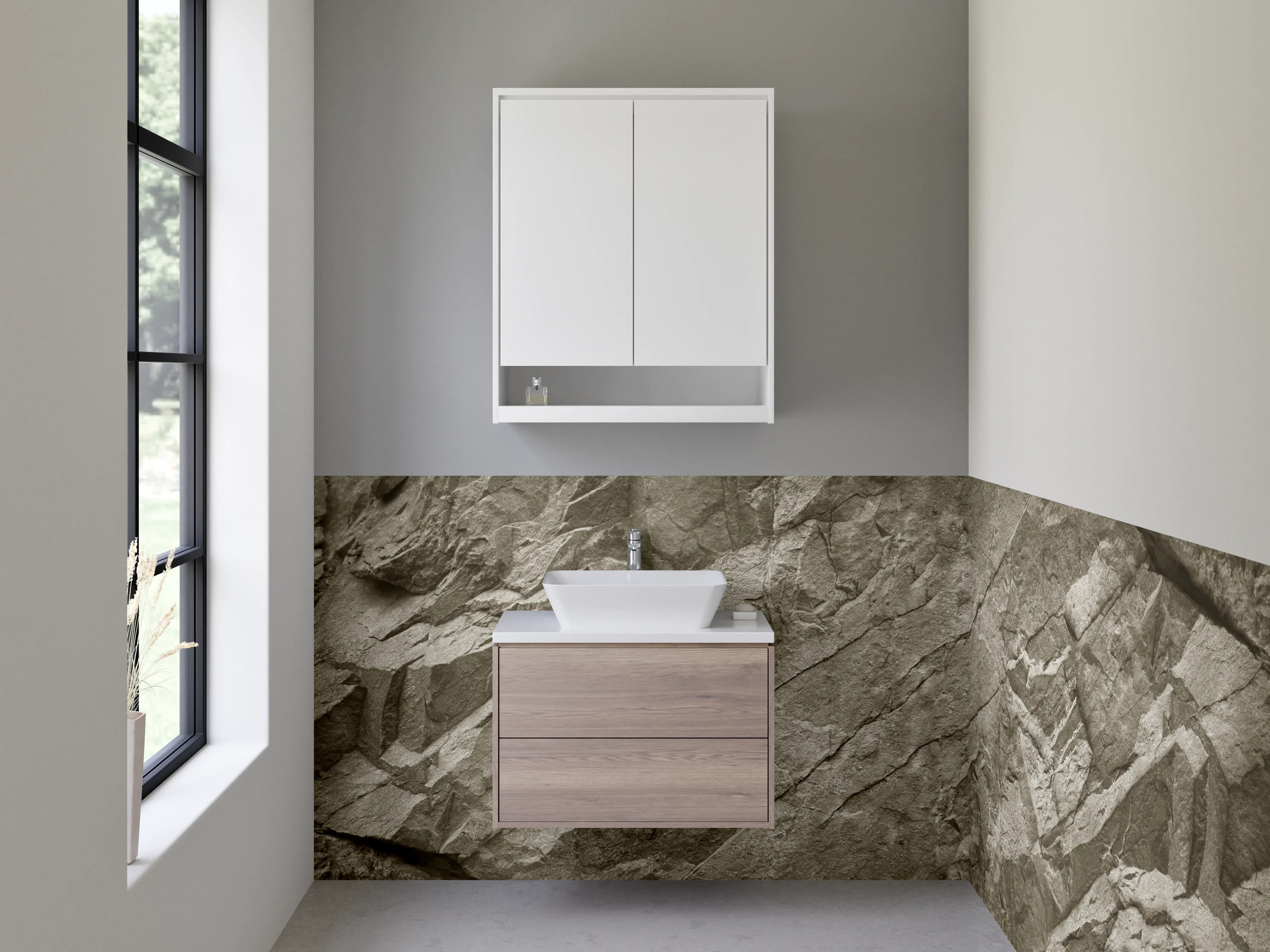 Waschbecken-Rückwand - Natürliche Steinwand mit mineralischer Textur