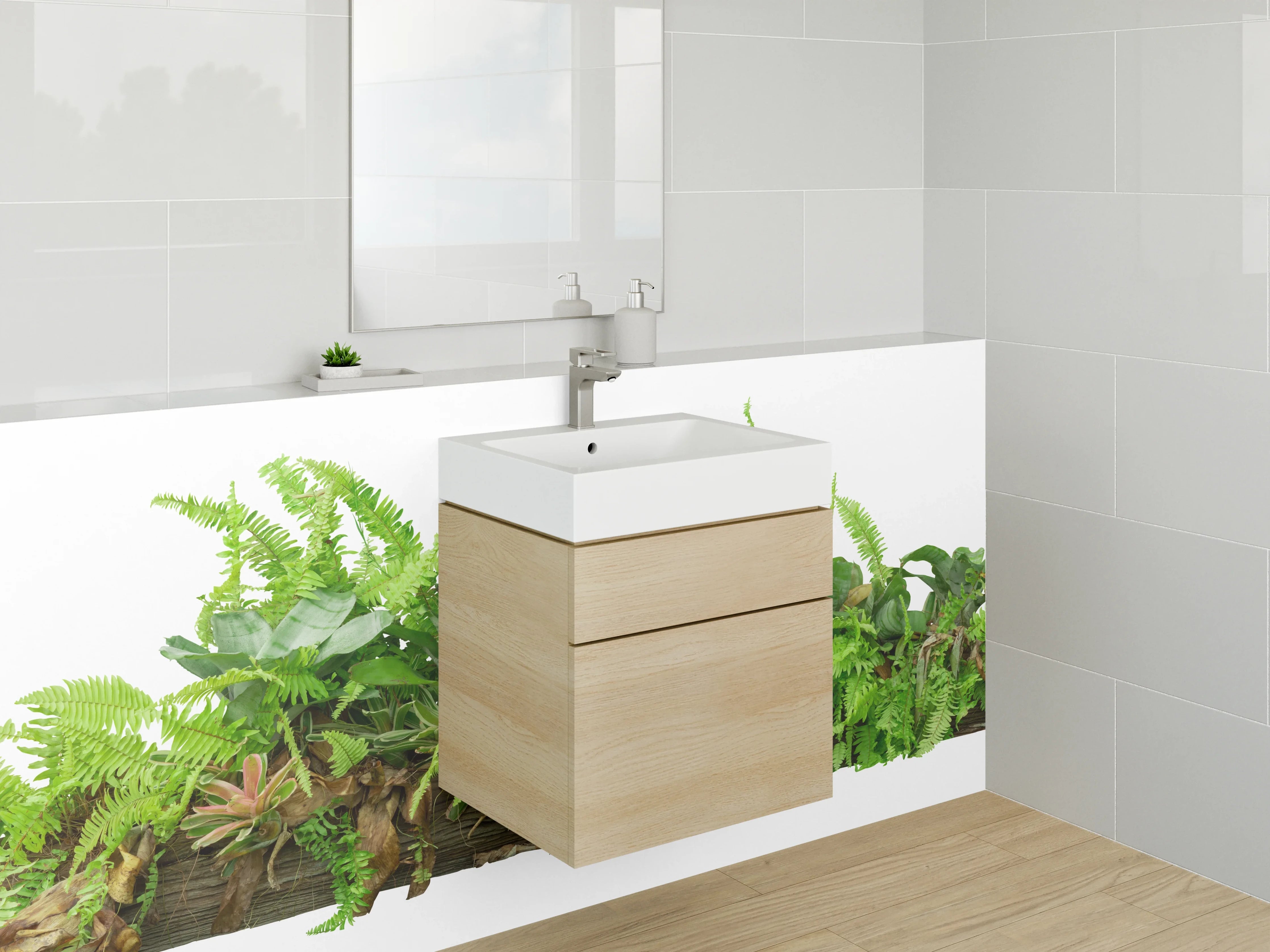 Waschbecken-Rückwand - Natürliches Pflanzen-Arrangement auf Holzstamm