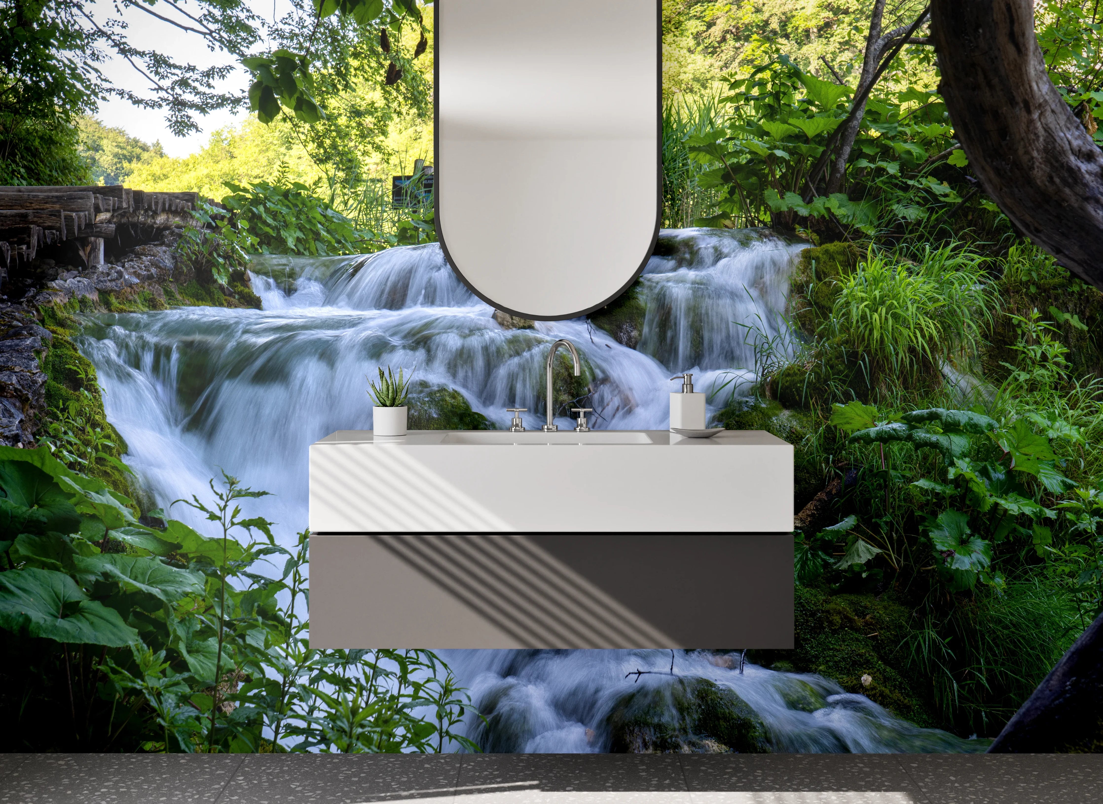 Waschbecken-Rückwand - Natur Wasserfall Fließendes Wasser Grün