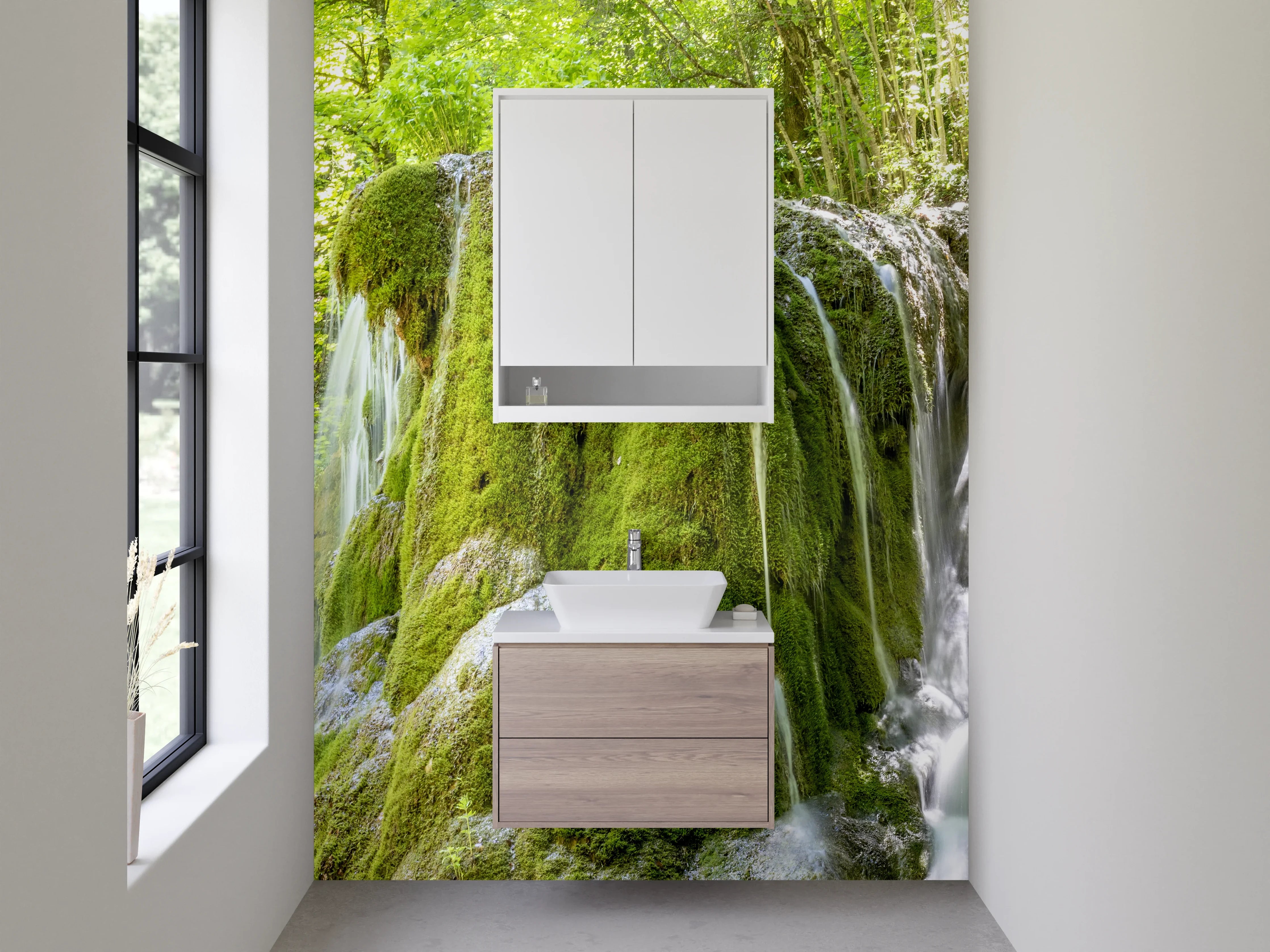 Waschbecken-Rückwand - Natur Wasserfall Grün Moos