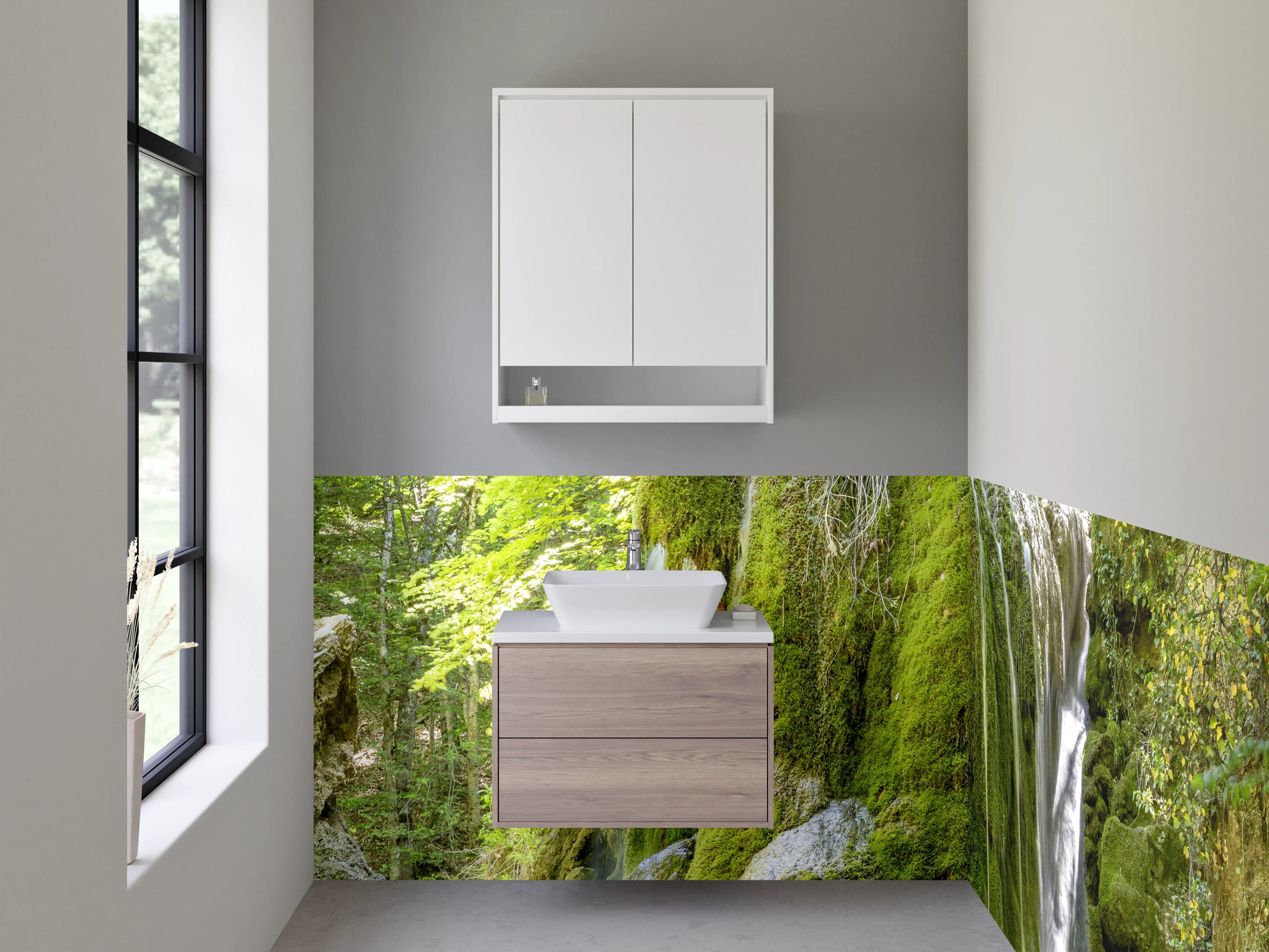 Waschbecken-Rückwand - Natur Wasserfall Grün Moos