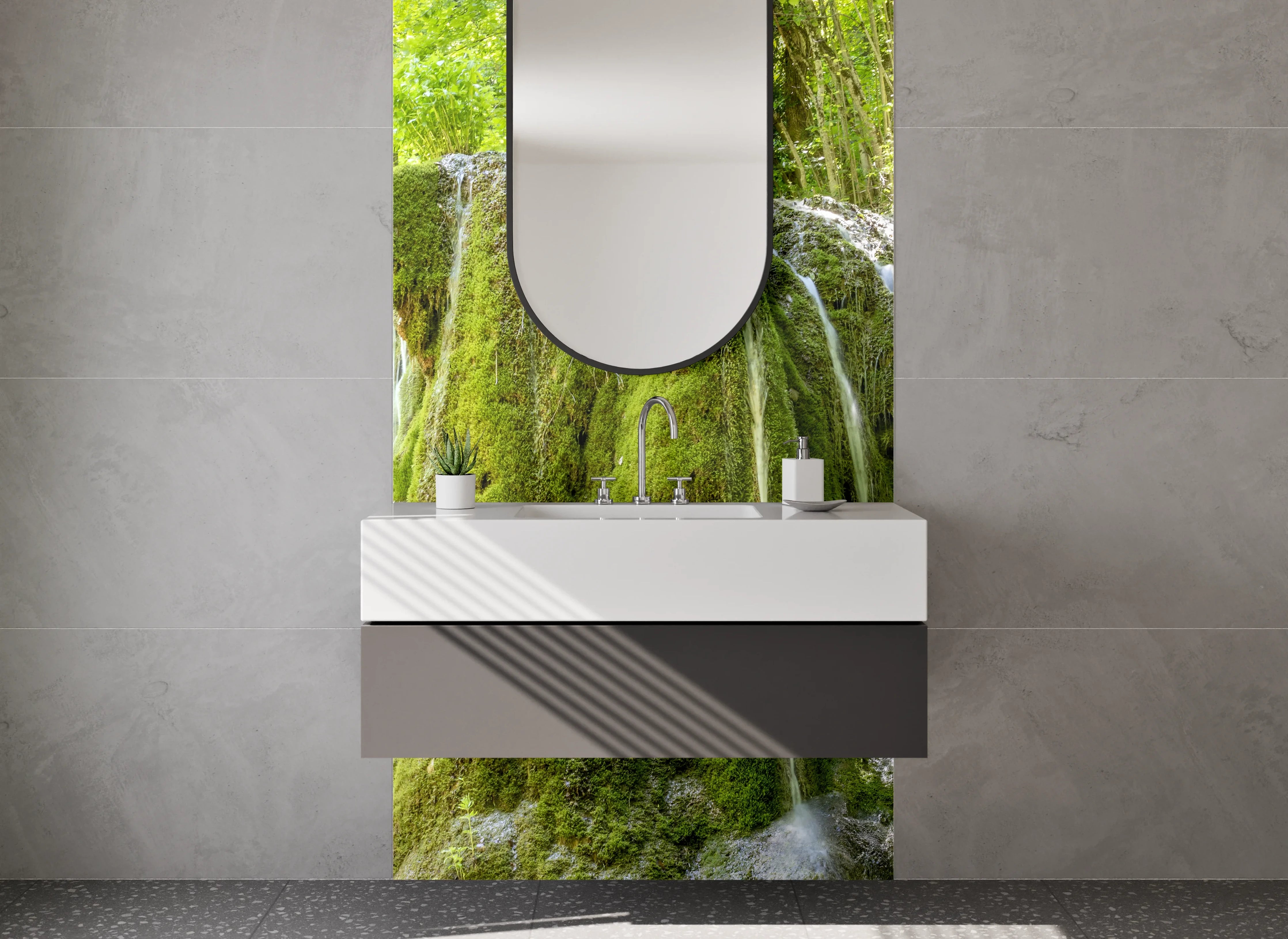 Waschbecken-Rückwand - Natur Wasserfall Grün Moos
