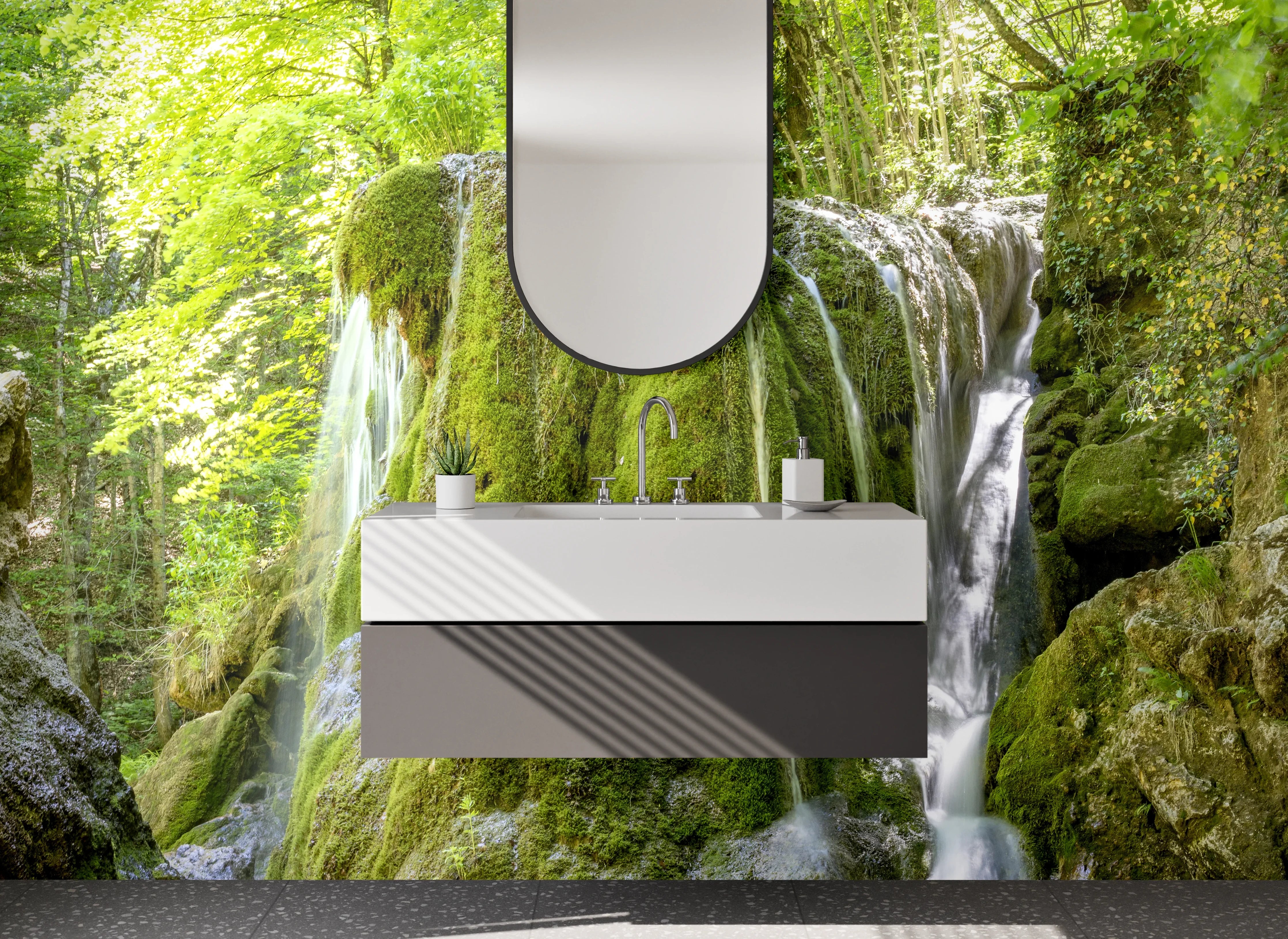 Waschbecken-Rückwand - Natur Wasserfall Grün Moos