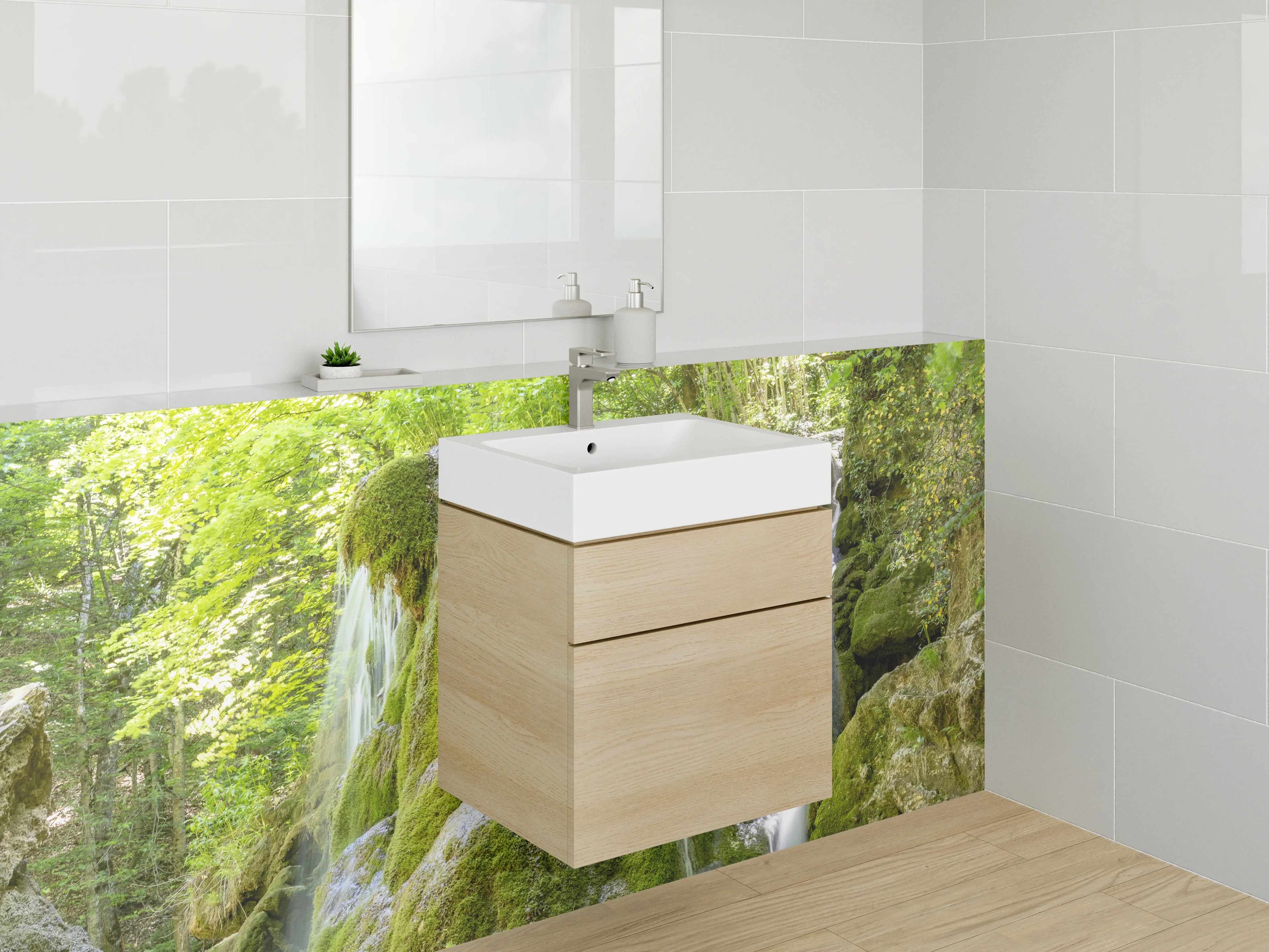 Waschbecken-Rückwand - Natur Wasserfall Grün Moos