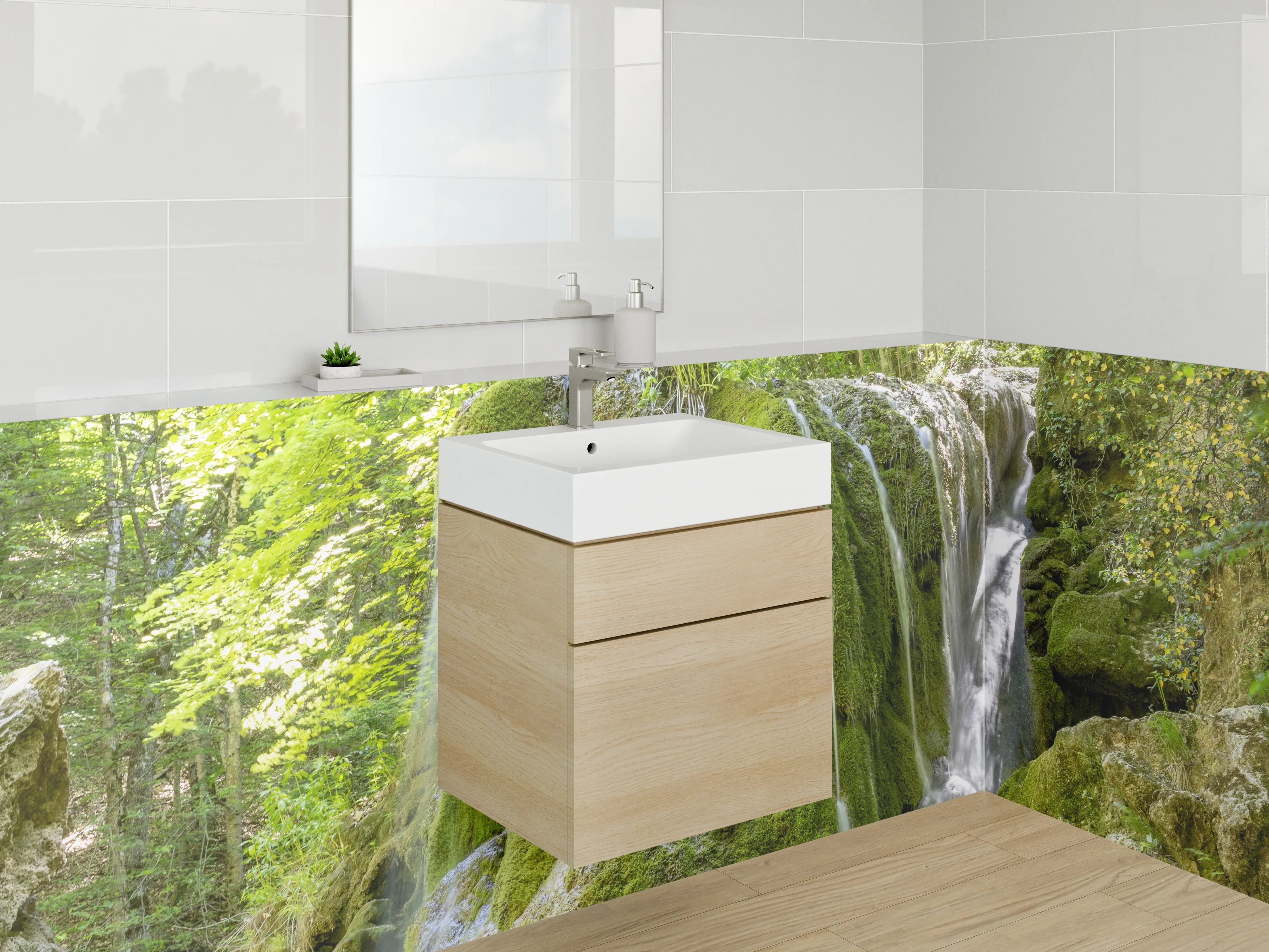 Waschbecken-Rückwand - Natur Wasserfall Grün Moos