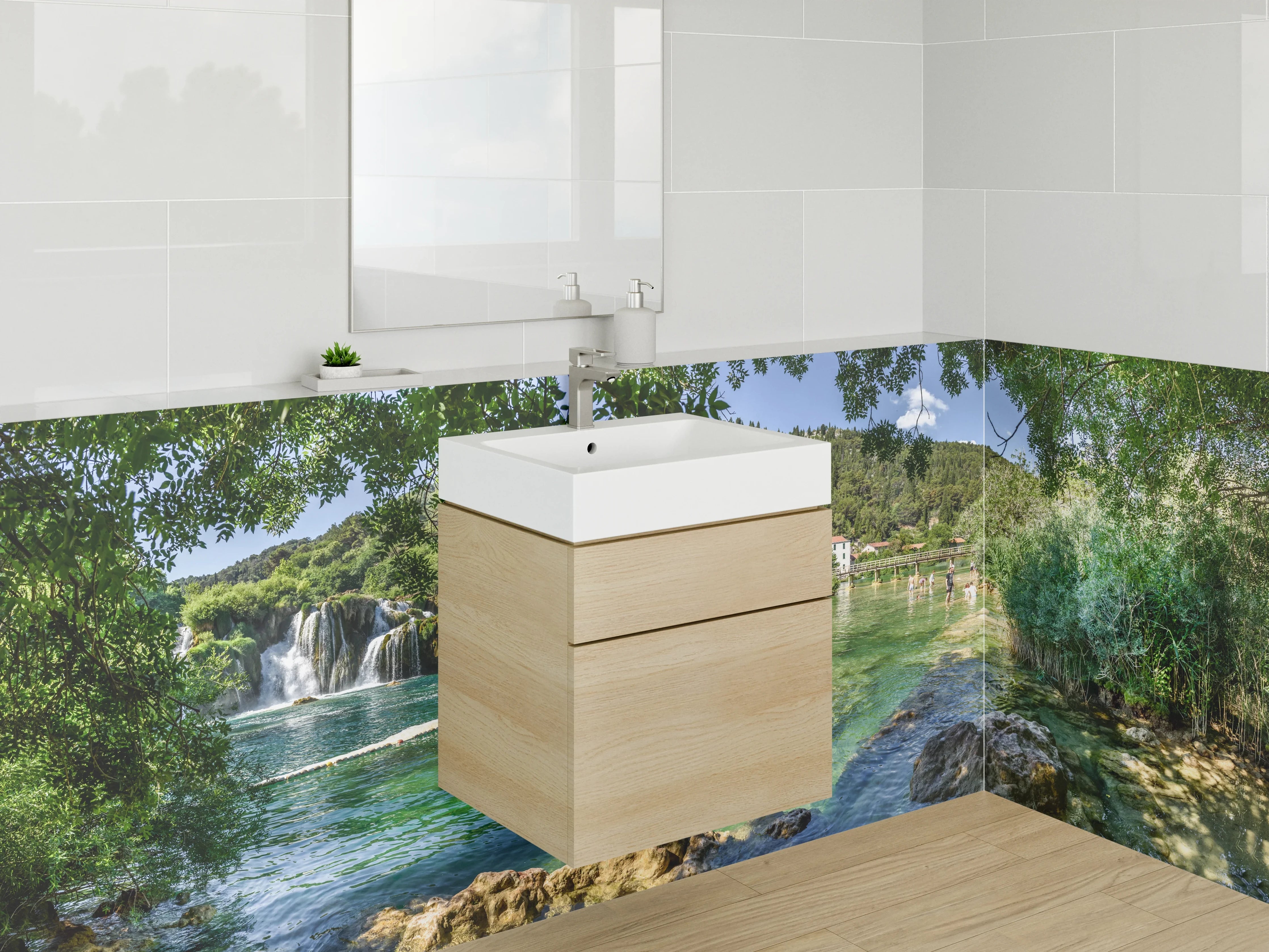 Waschbecken-Rückwand - Natur Wasserfall Panorama Landschaft