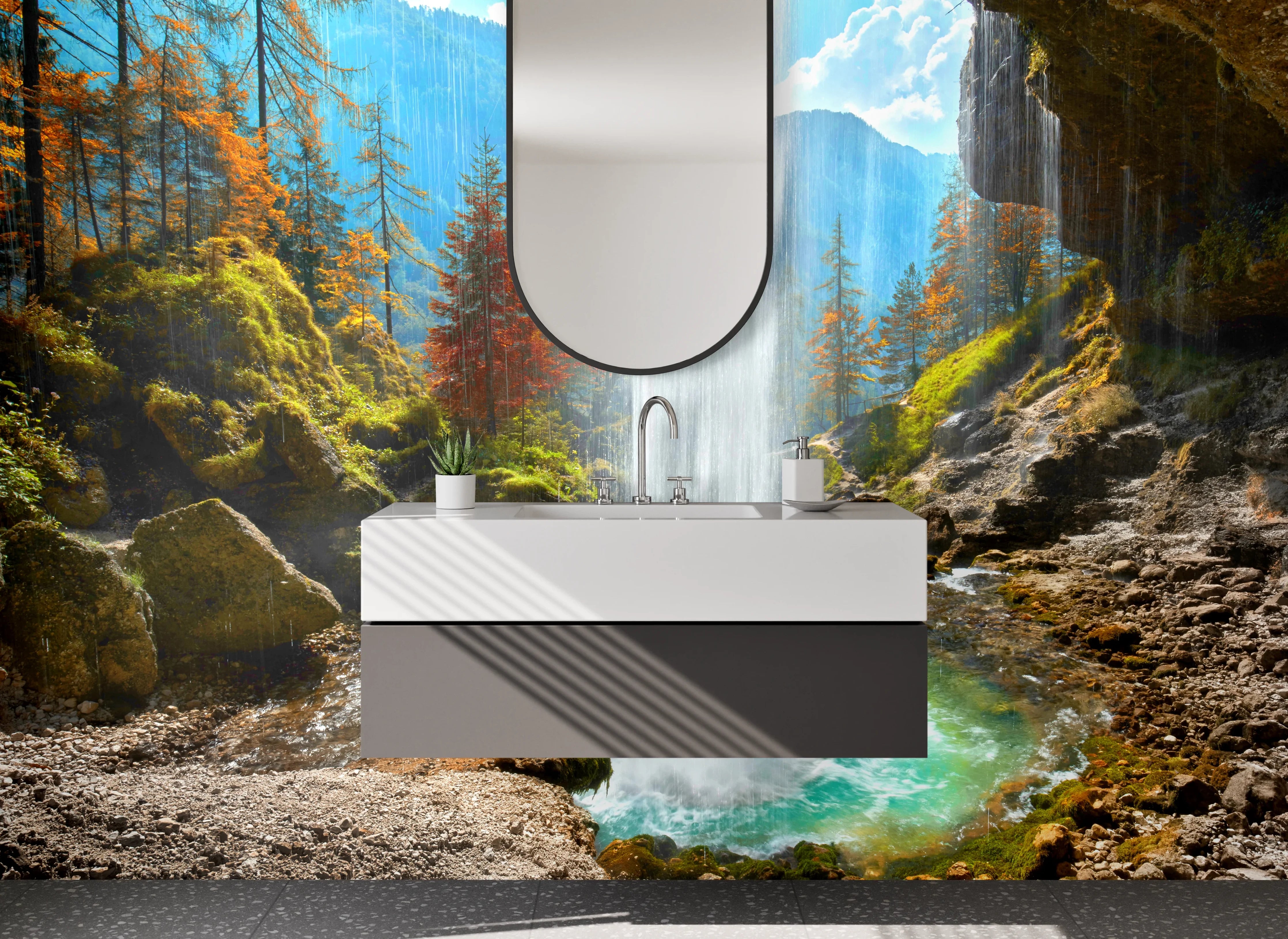 Waschbecken-Rückwand - Natur Wasserfall Panorama im Herbst