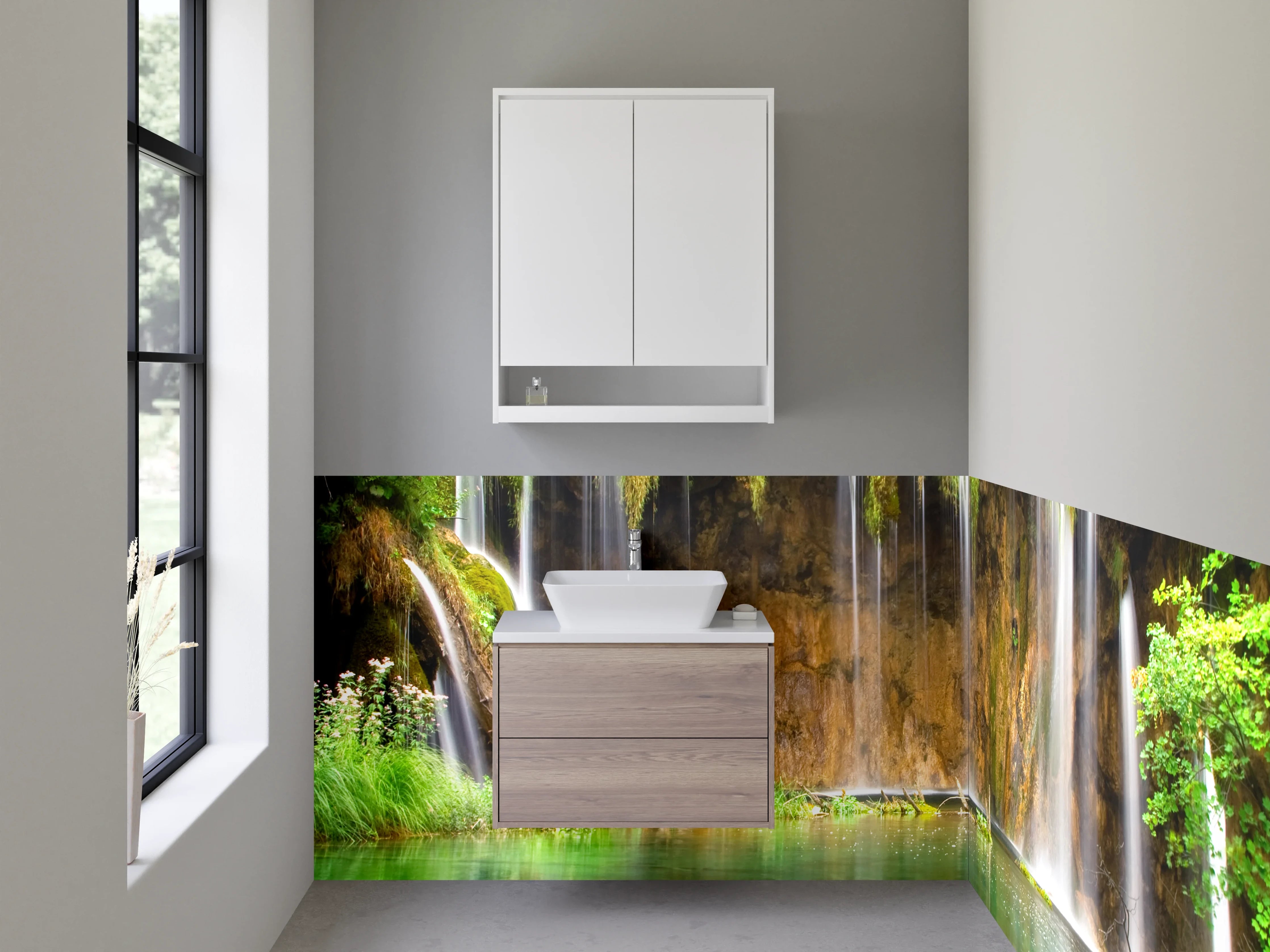 Waschbecken-Rückwand - Natur Wasserfall Wandbild Grün Blau