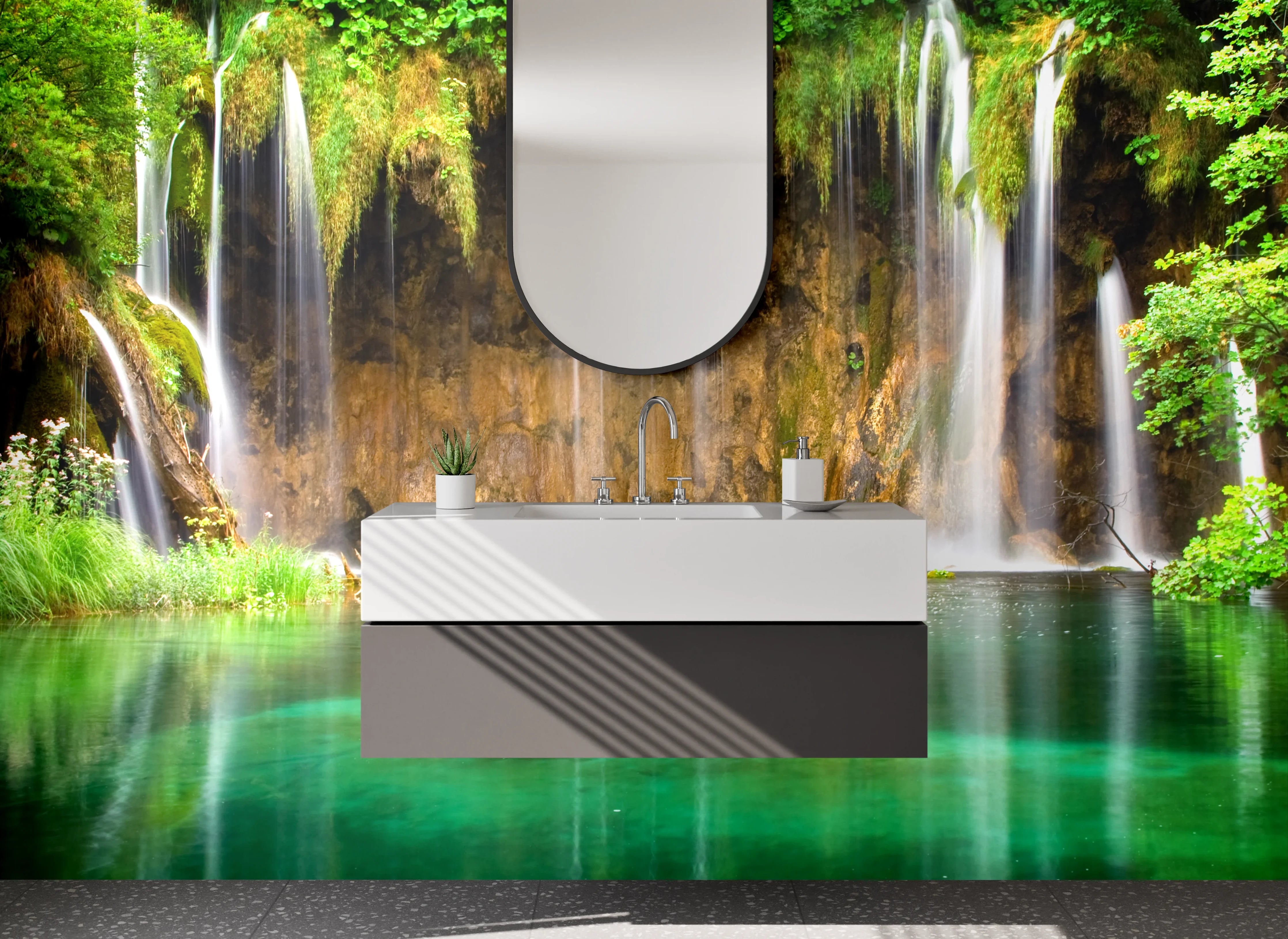 Waschbecken-Rückwand - Natur Wasserfall Wandbild Grün Blau