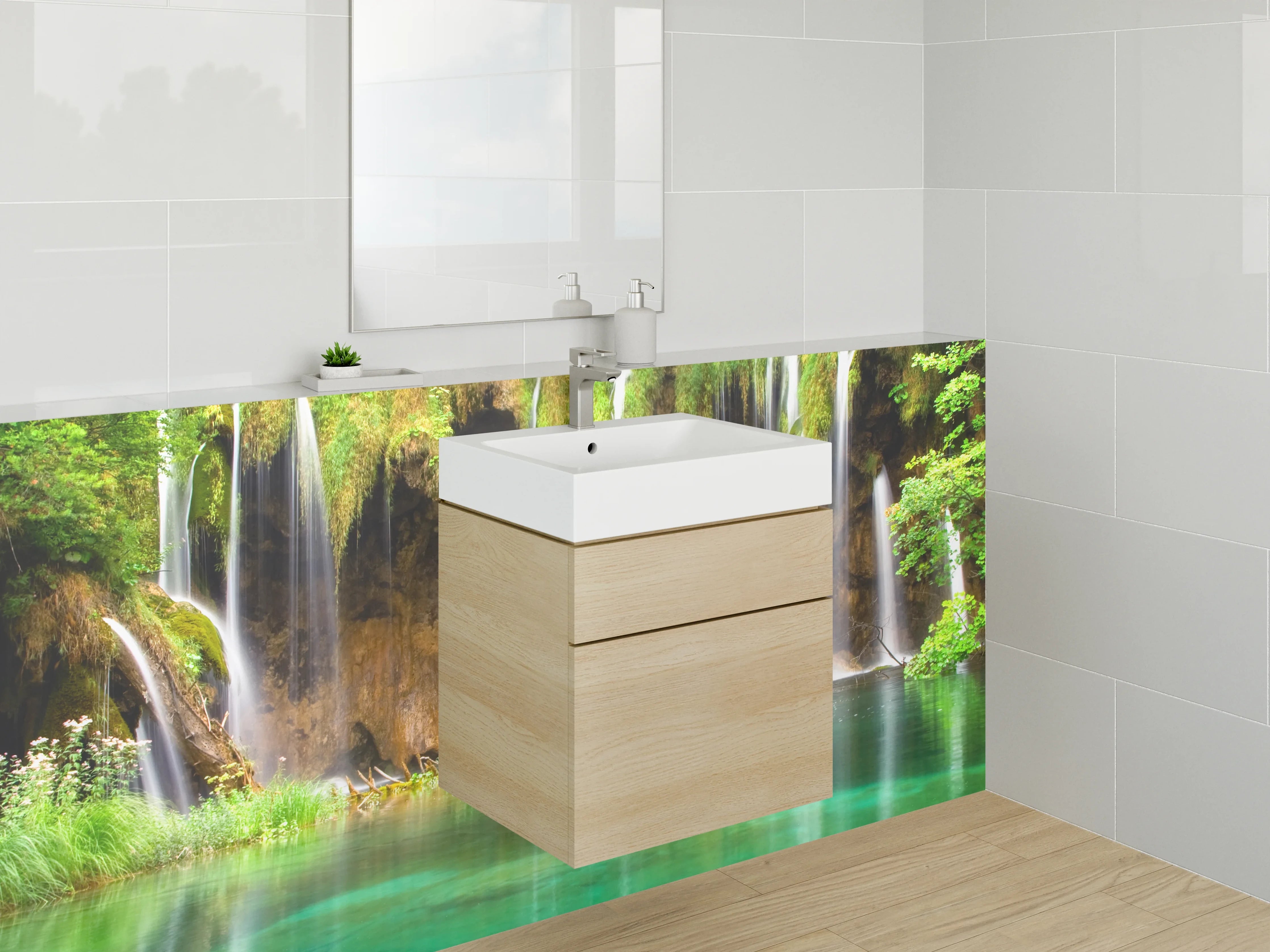 Waschbecken-Rückwand - Natur Wasserfall Wandbild Grün Blau