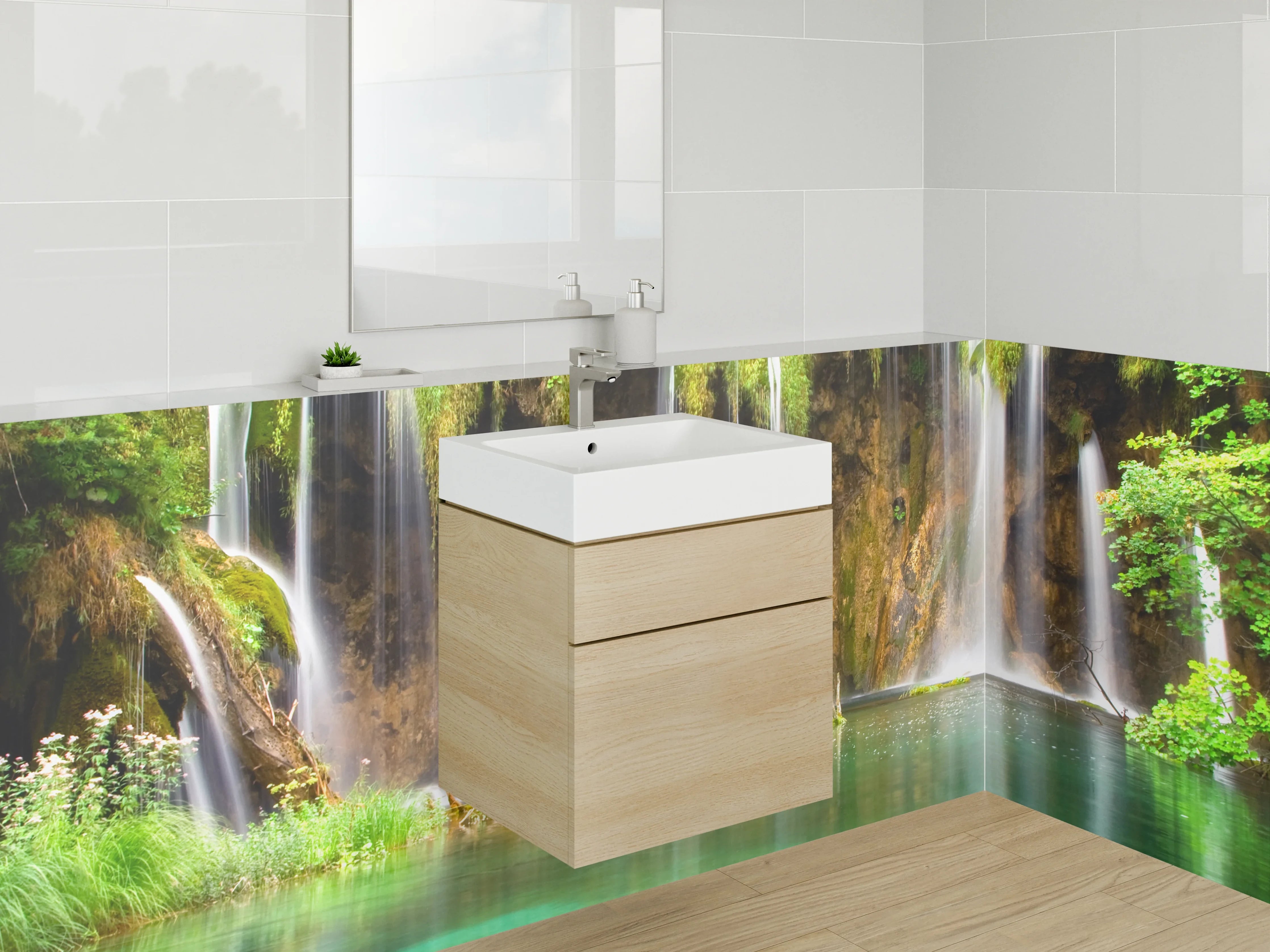 Waschbecken-Rückwand - Natur Wasserfall Wandbild Grün Blau