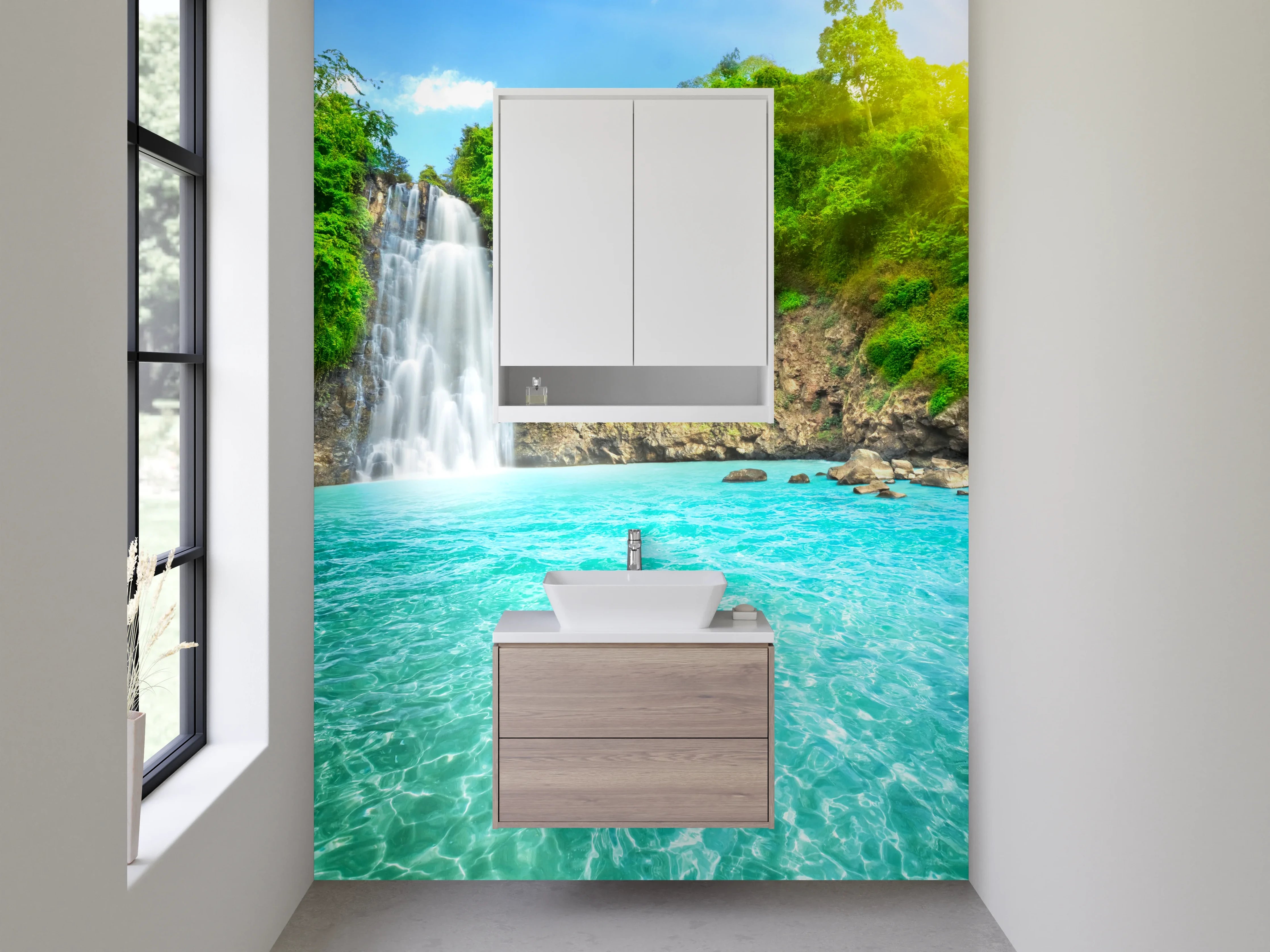 Waschbecken-Rückwand - Natur Wasserfall am türkisfarbenen See